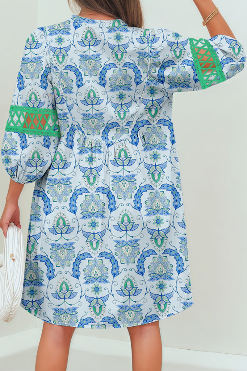 Paisley Patchwork Contrast Bracelet Sleeve Mini Dress