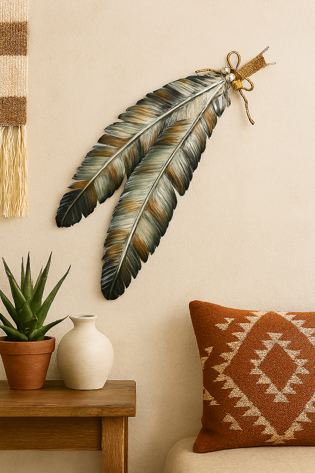 Metal Neutral Double Feather Wall Hanging
