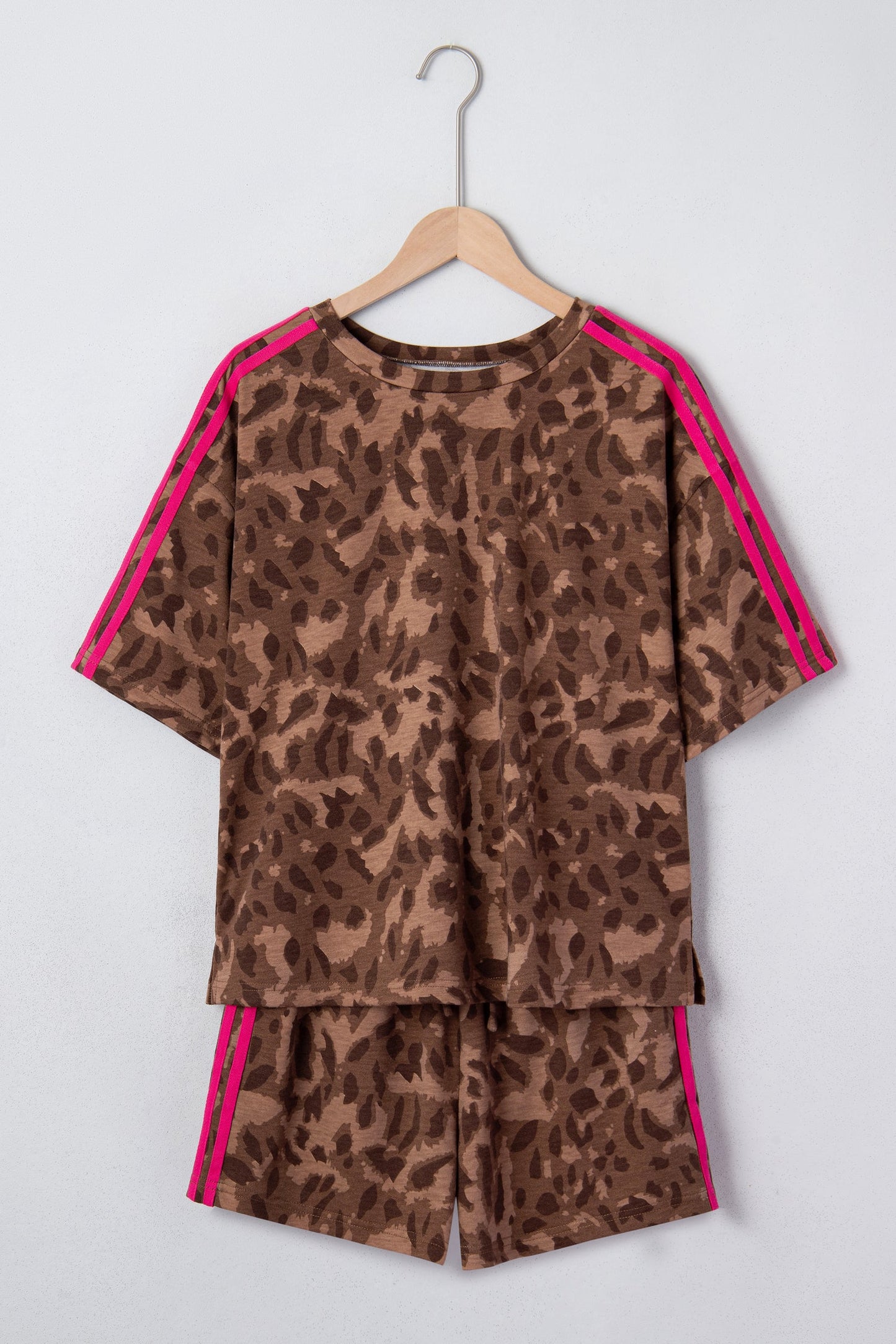 Leopard Contrast Stripe Tee and Shorts Two-Piece Set