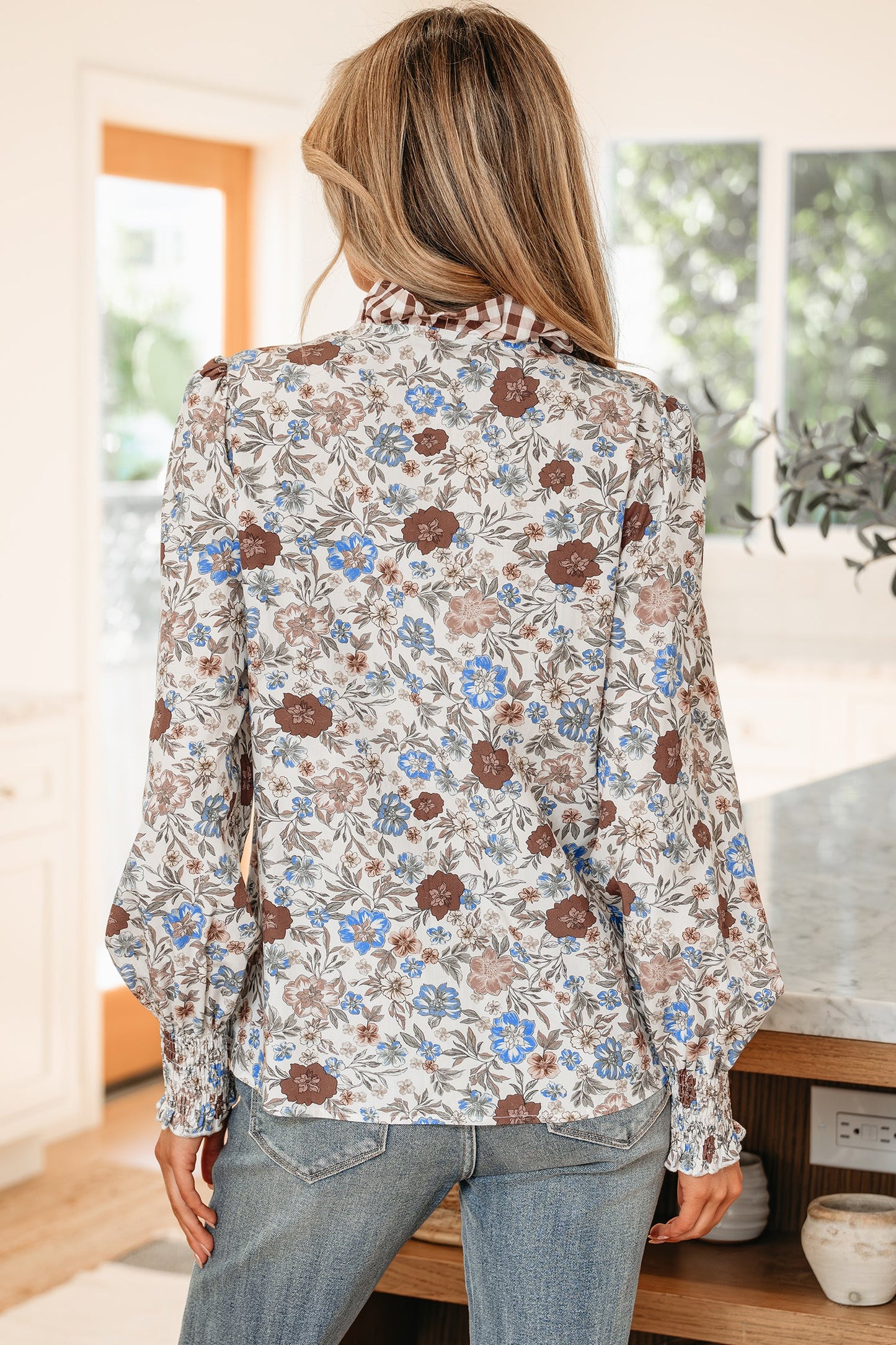Floral Gingham Plaid Frilled Trim Long Sleeve Blouse