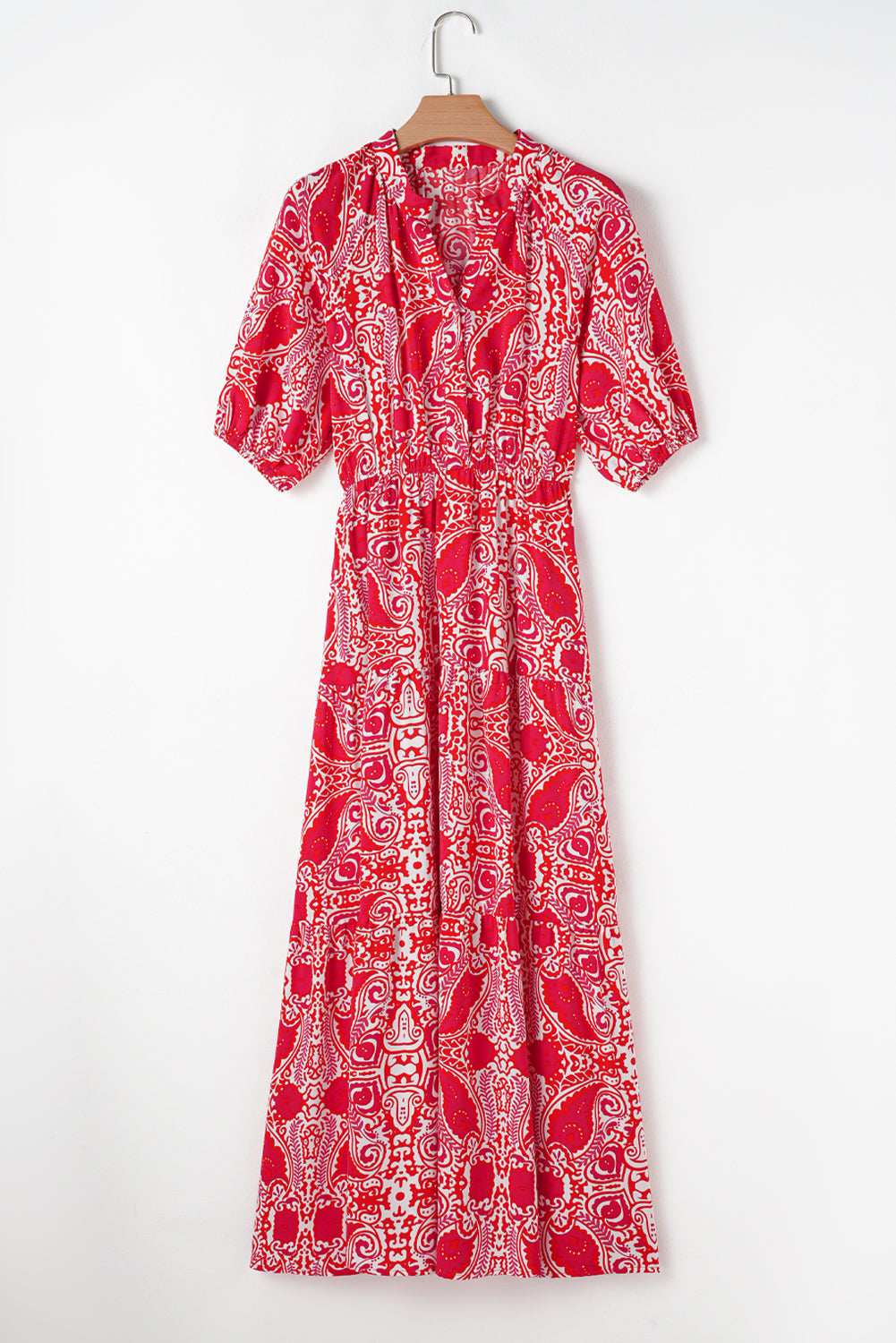 Paisley Side Slit Puff Sleeve Maxi Dress