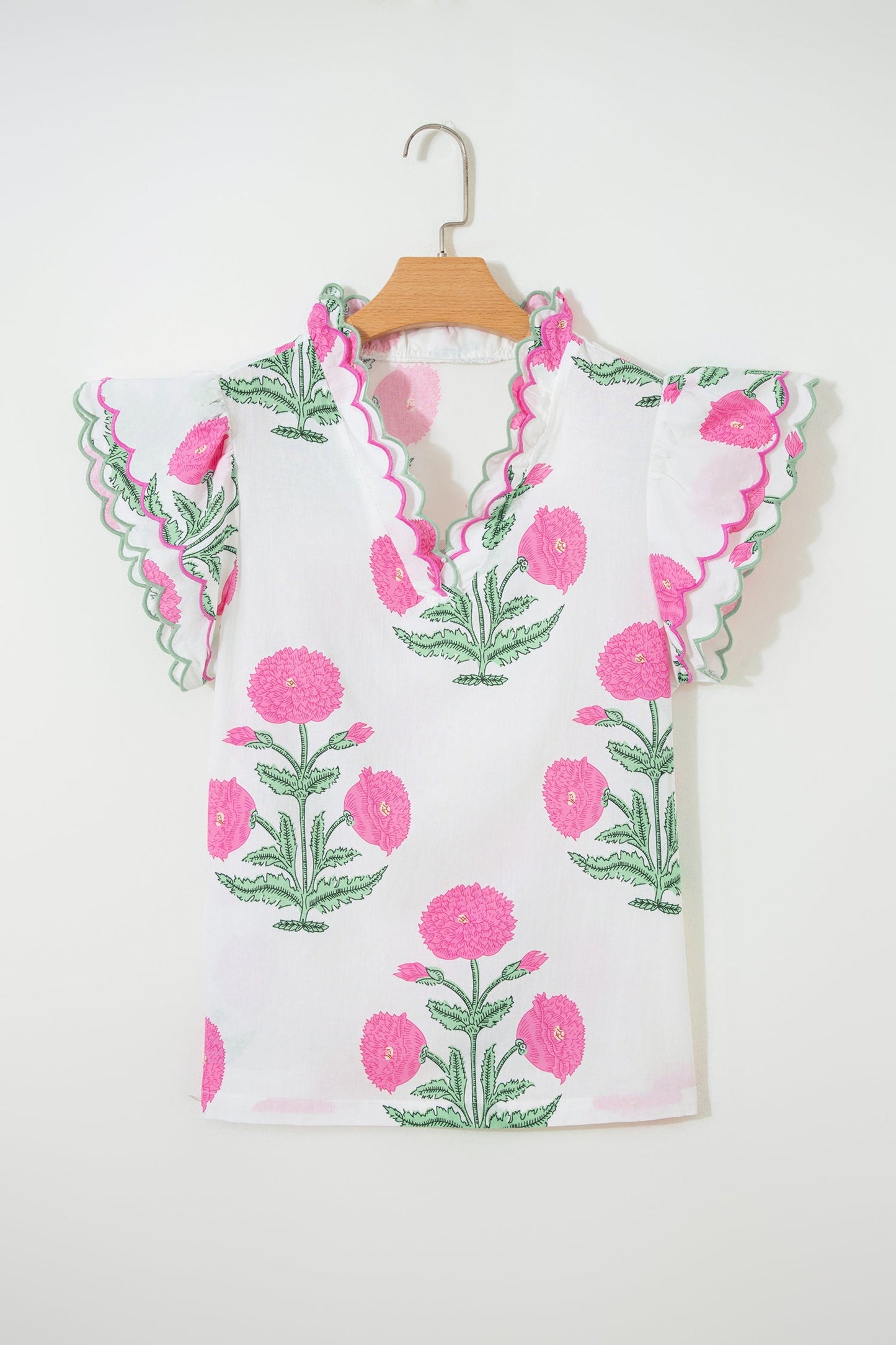Wild Flower Contrast Trim Scallop Short Sleeve Blouse