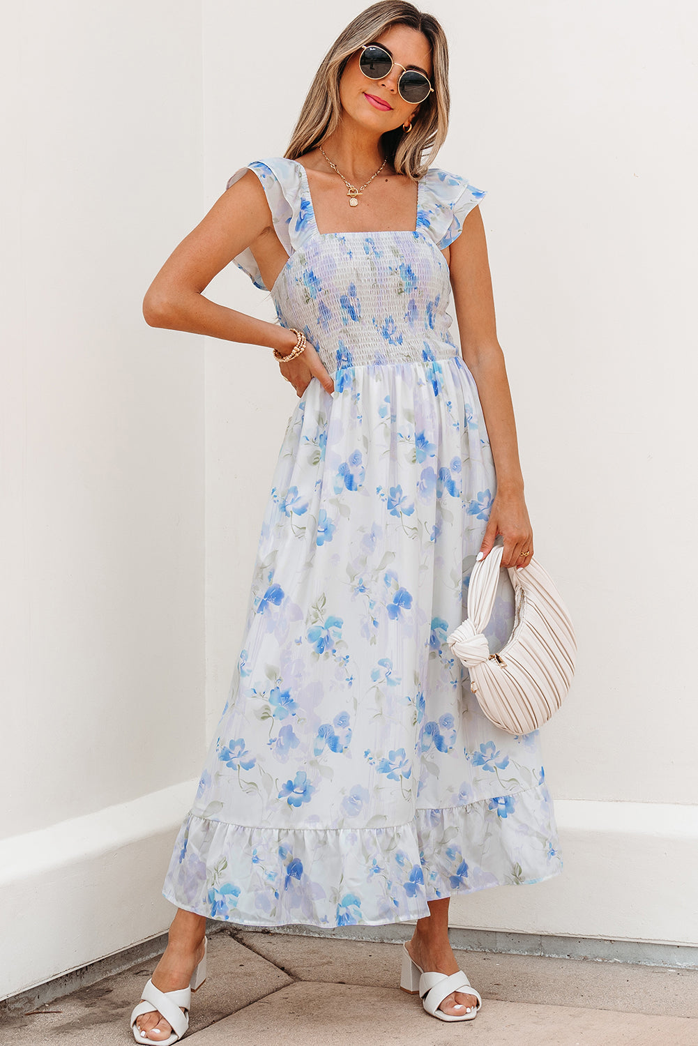 Floral Ruffle Sleeve Smocked High Waist Dress