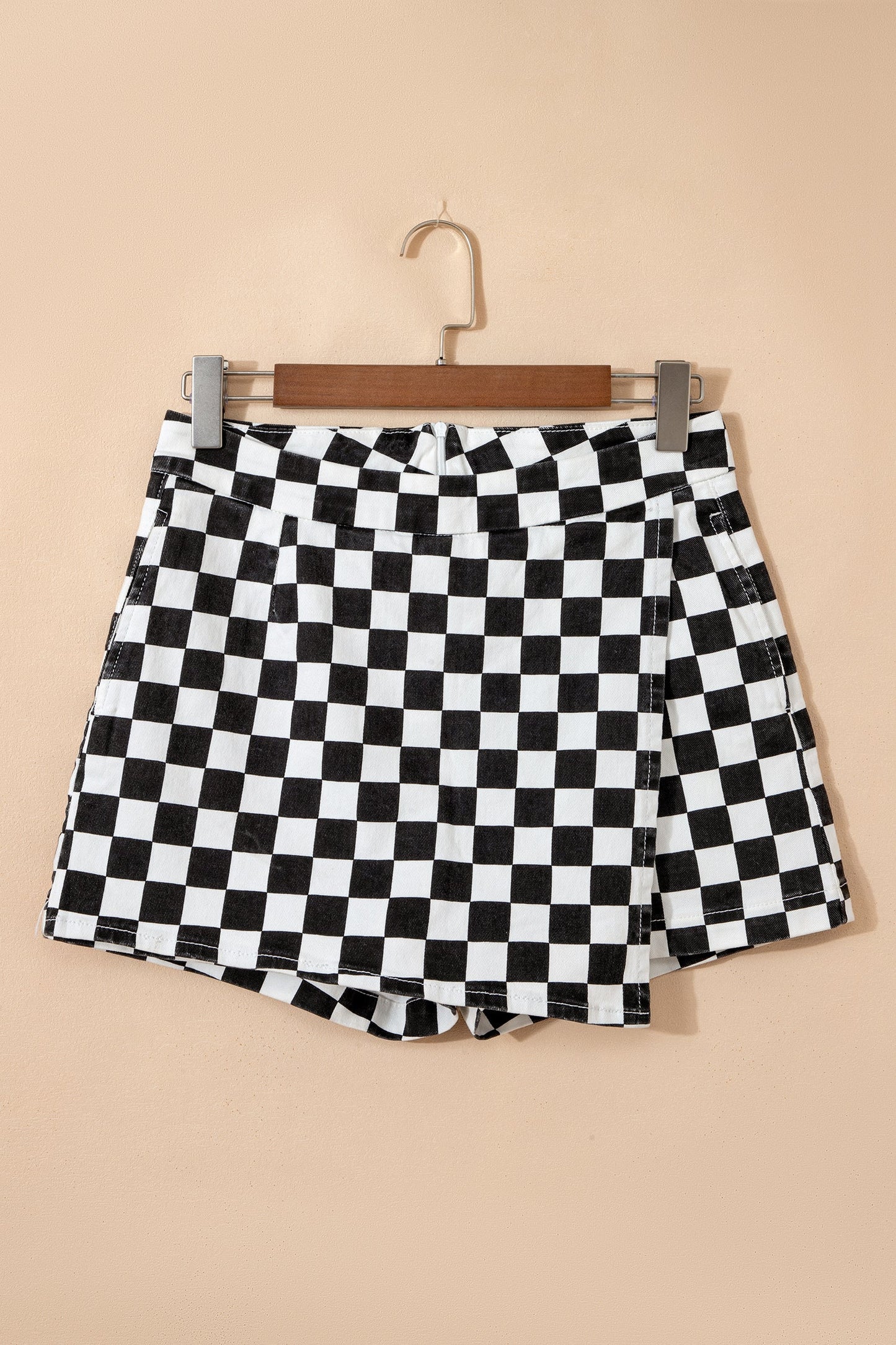Checker Denim Overlap Detail Summer Shorts