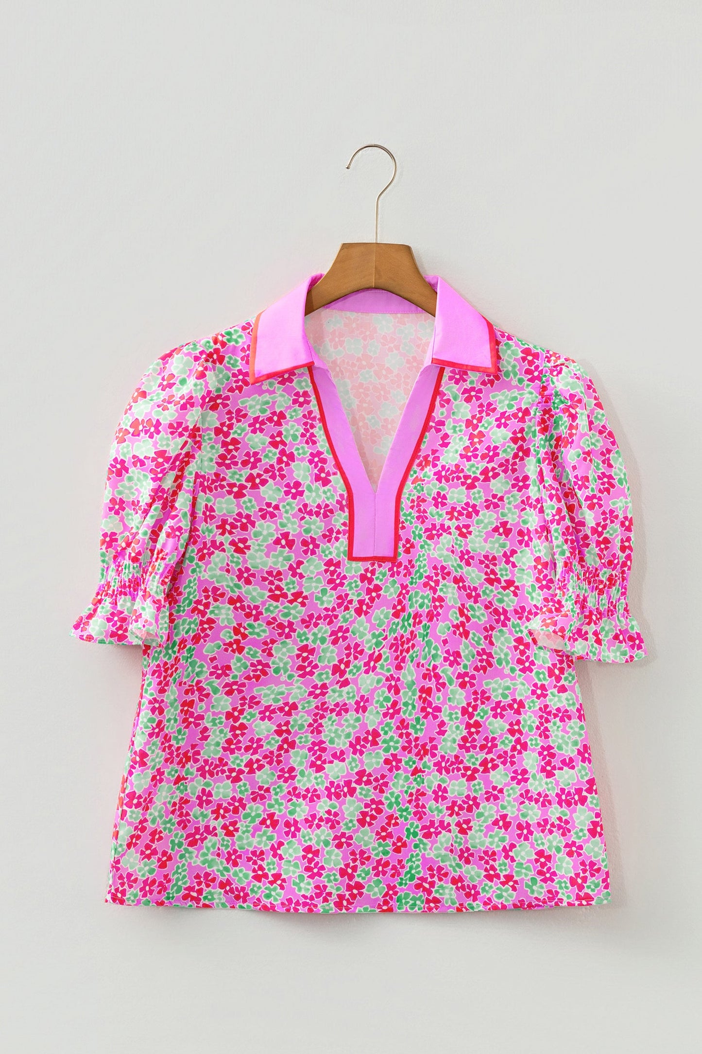 Floral Collared V-Neck Puff Sleeve Top