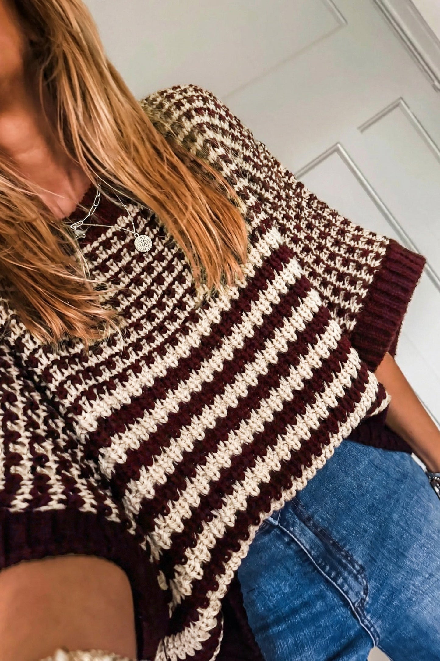 Stripe Draped 3/4 Sleeve Slouchy Sweater