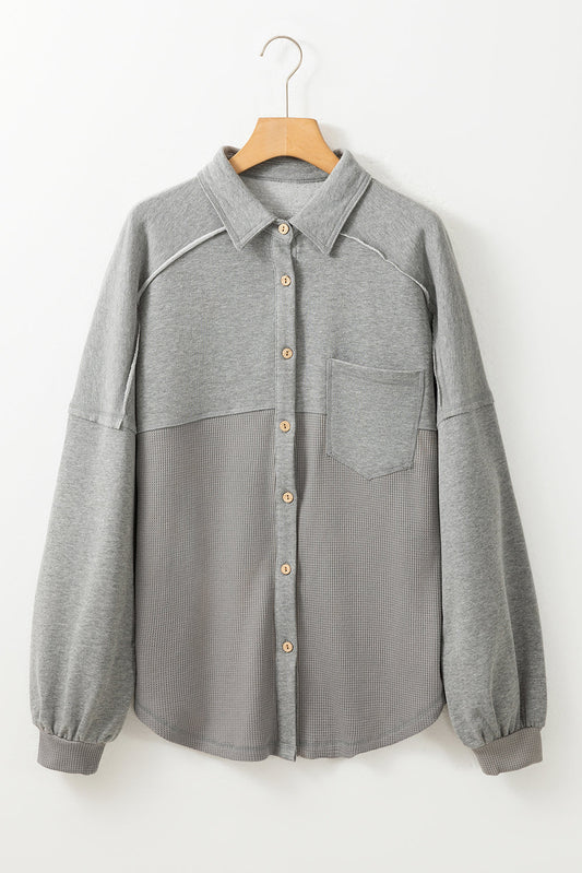 Waffle Knit Patchwork Reverse Seam Button-Up Shacket
