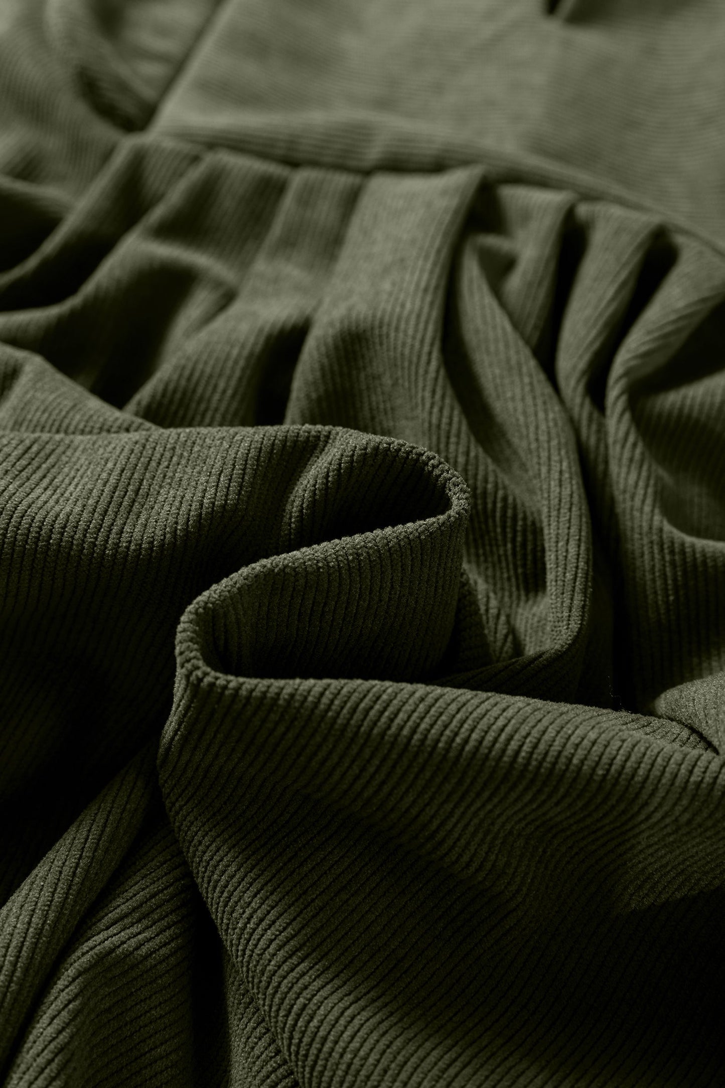 Moss Green Bracelet Sleeve Split Neck Scallop Detail Pleated Corduroy Mini Dress