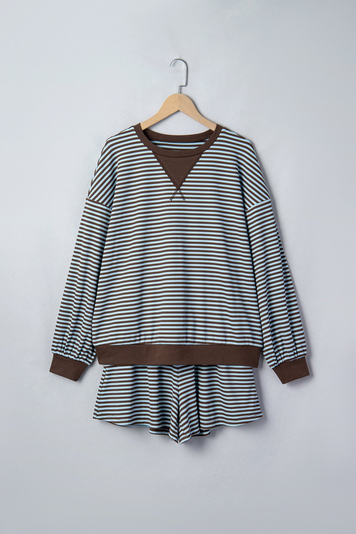 Plus Size Stripe Long Sleeve Top & Drawstring Shorts Set