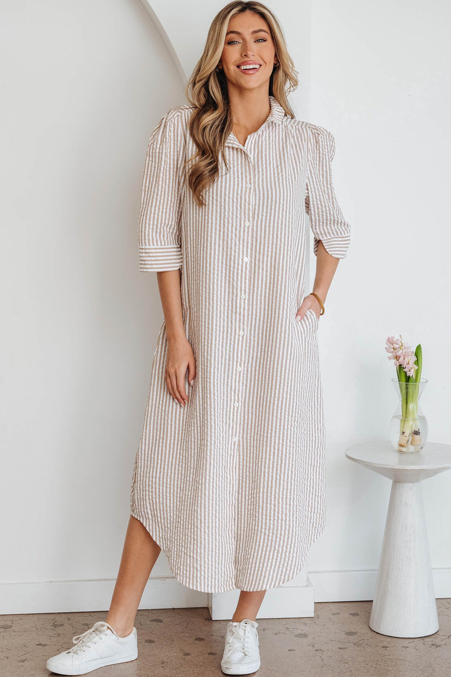 Stripe Frilled Collar 3/4 Sleeve Maxi Dress