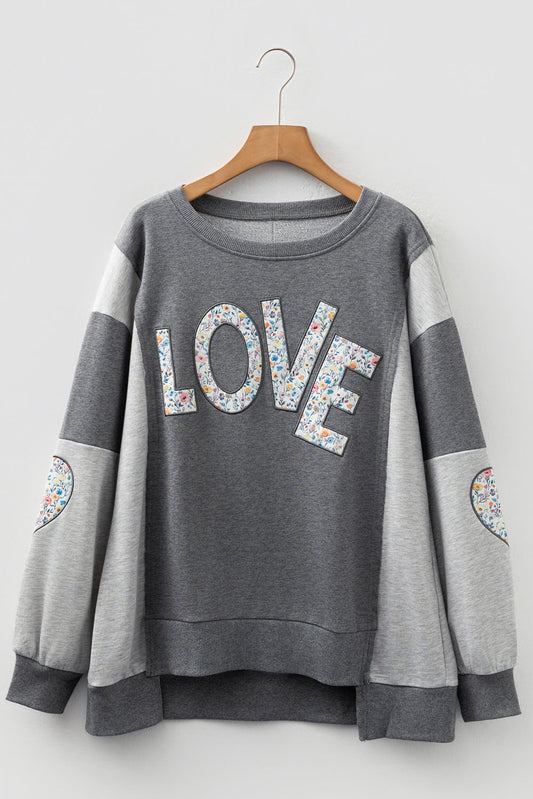 Floral LOVE Reverse Seam Patchwork Long Sleeve Sweatshirt