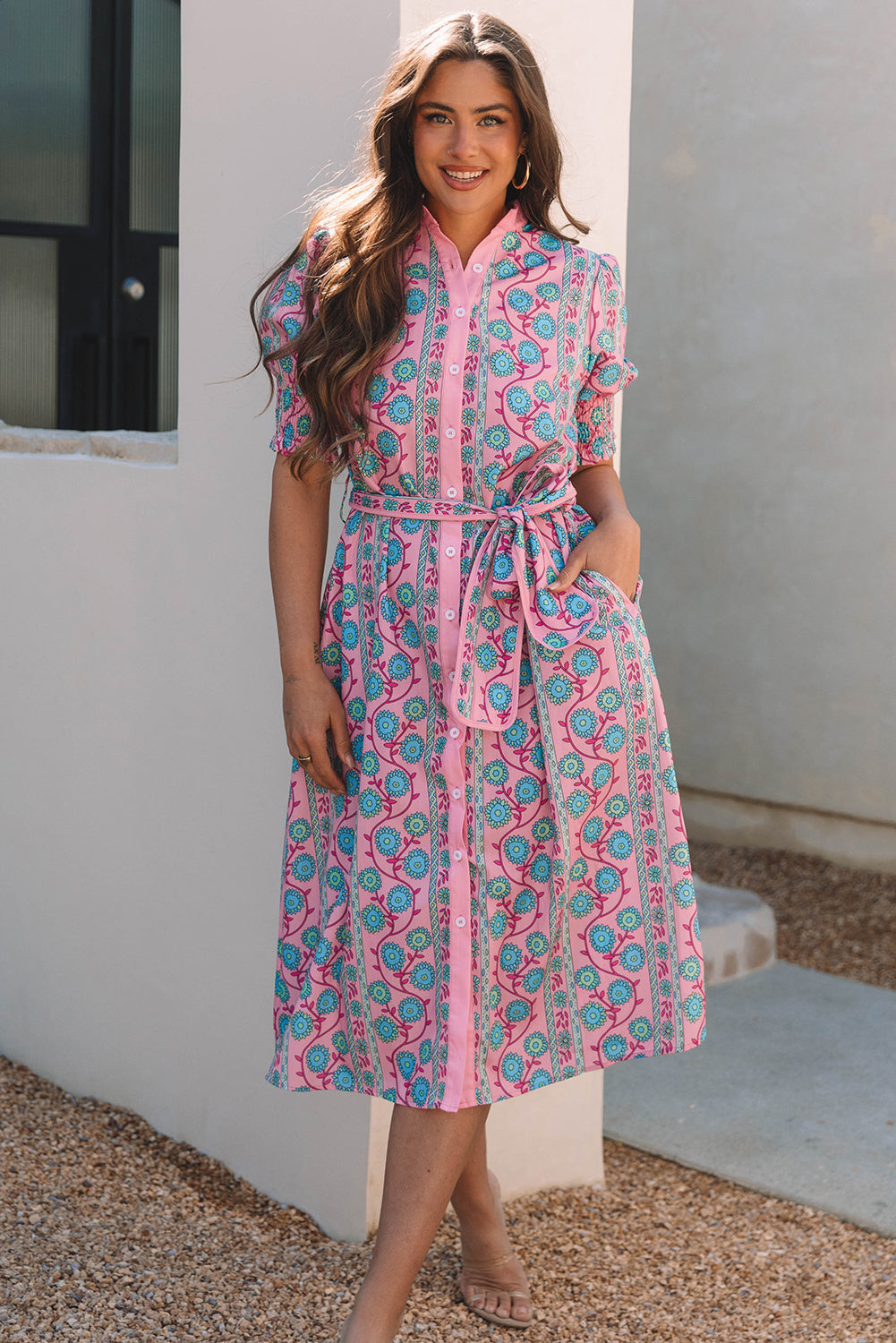 Floral Puff Sleeve Button Front Belted Midi Dress
