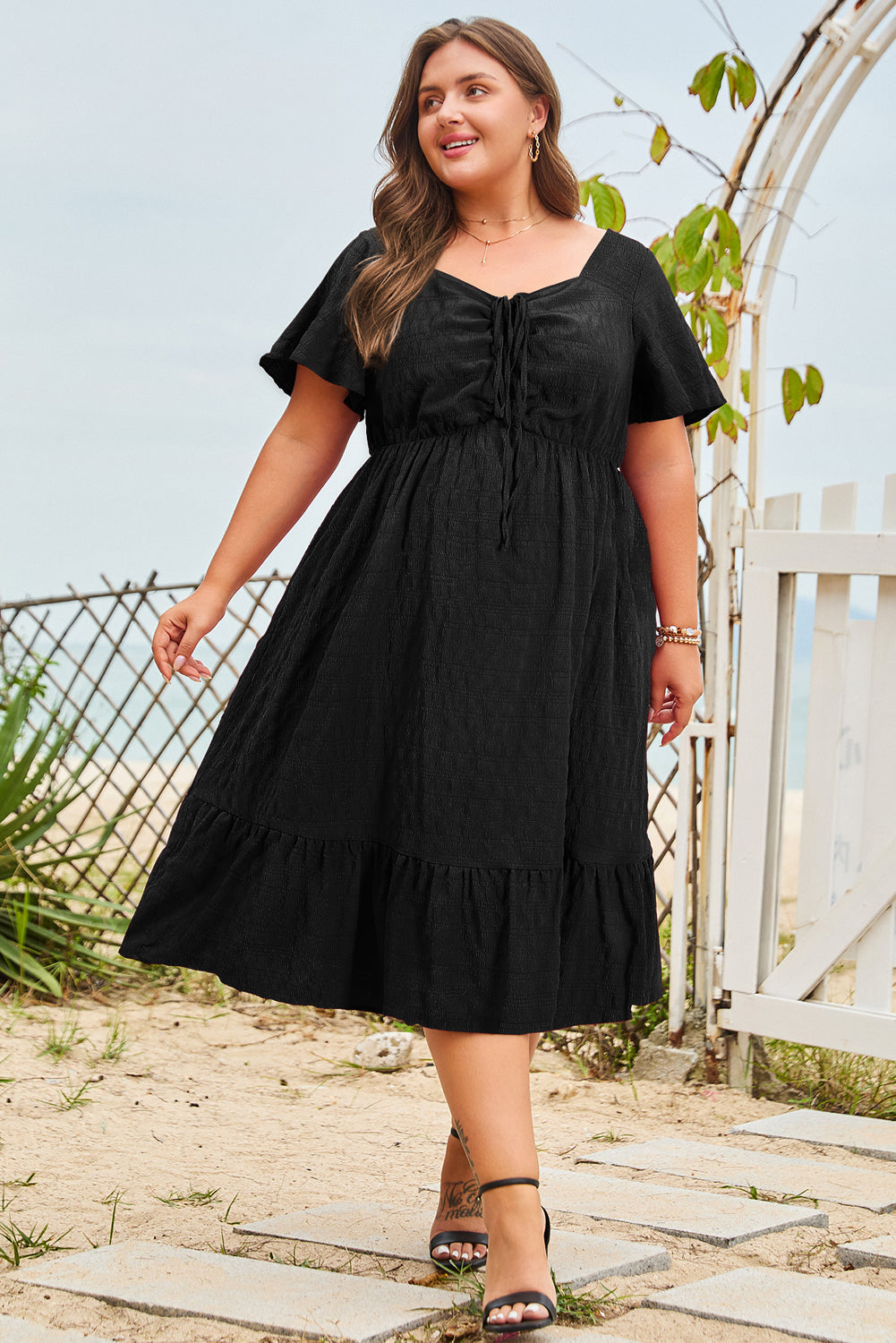 Plus Size Lace-Up Short Sleeve High Waist Dress