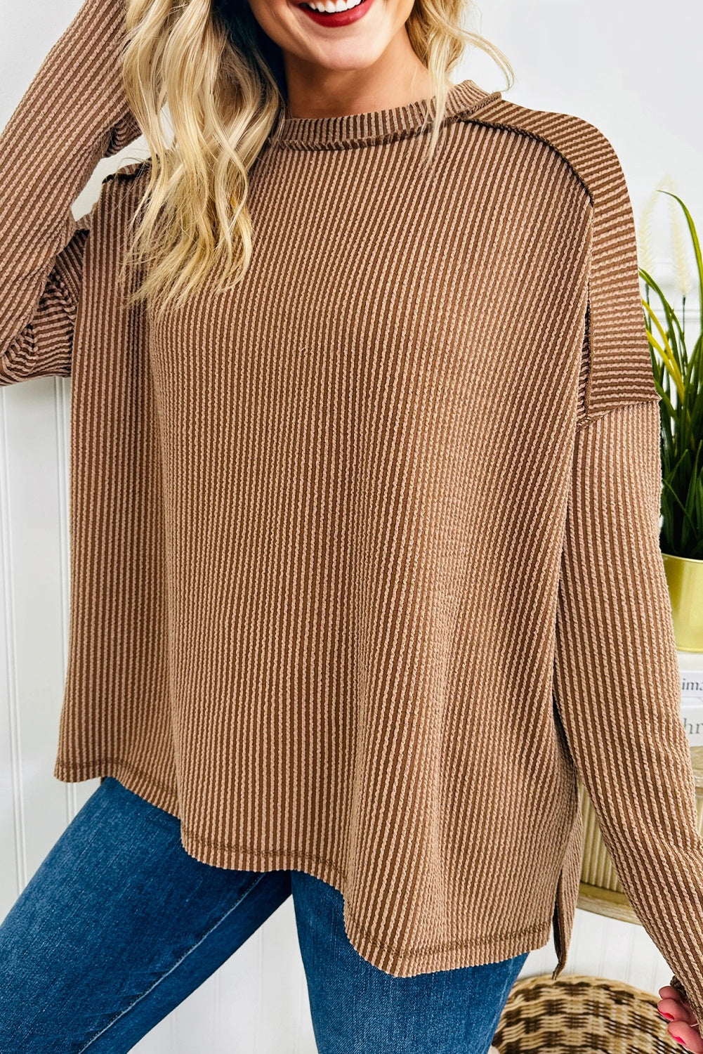 Solid Corded Knit Reverse Seam Long Sleeve Top