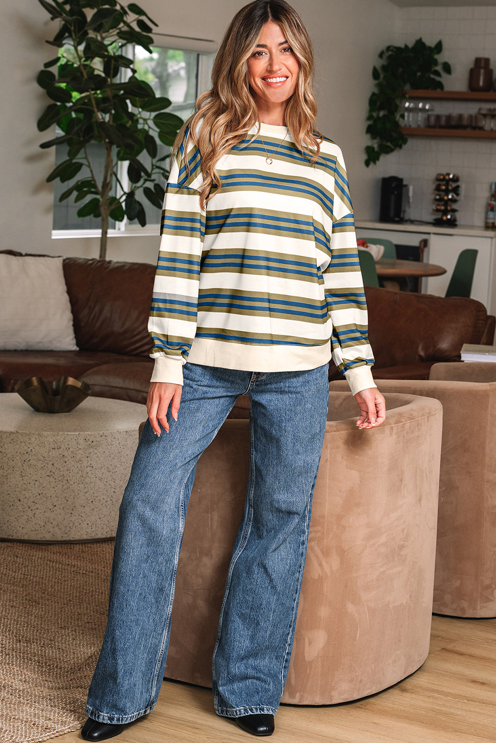 Stripe Crewneck Drop Shoulder Sweatshirt