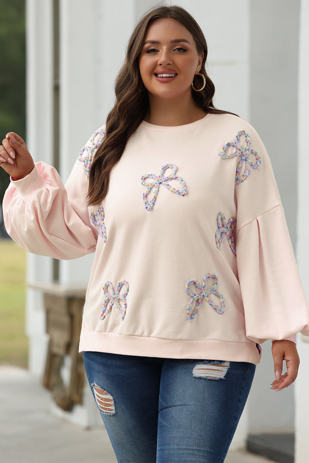 Bow Embroidered Lantern Sleeve Sweatshirt