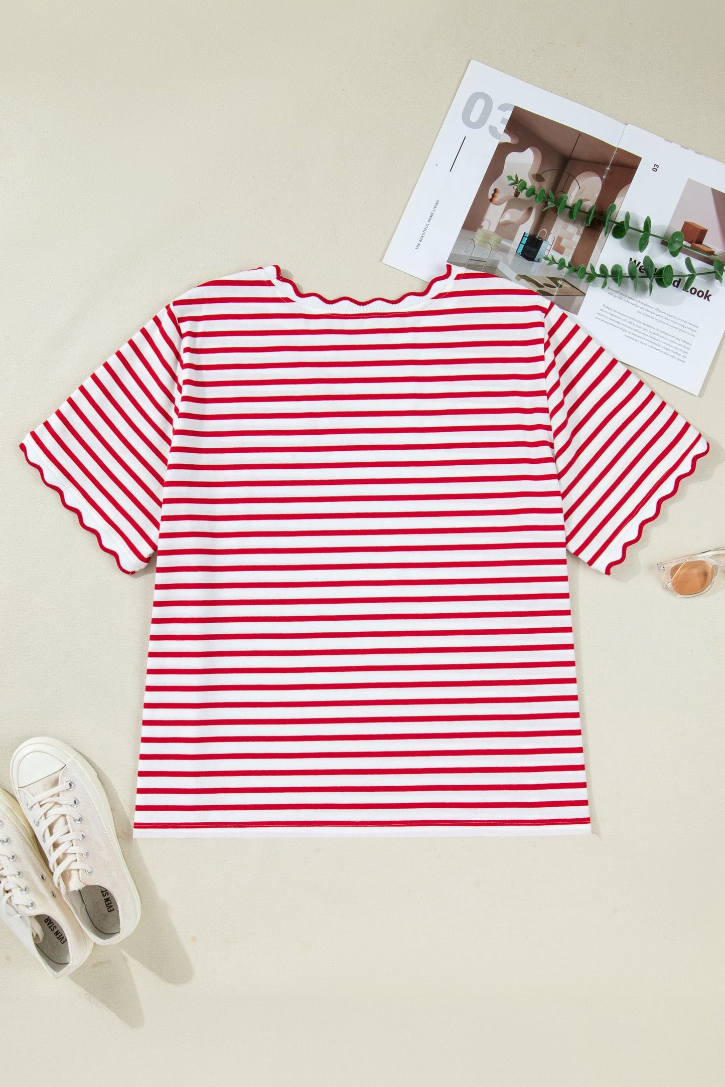 Plus Size Stripe Scalloped Trim Round Neck Top