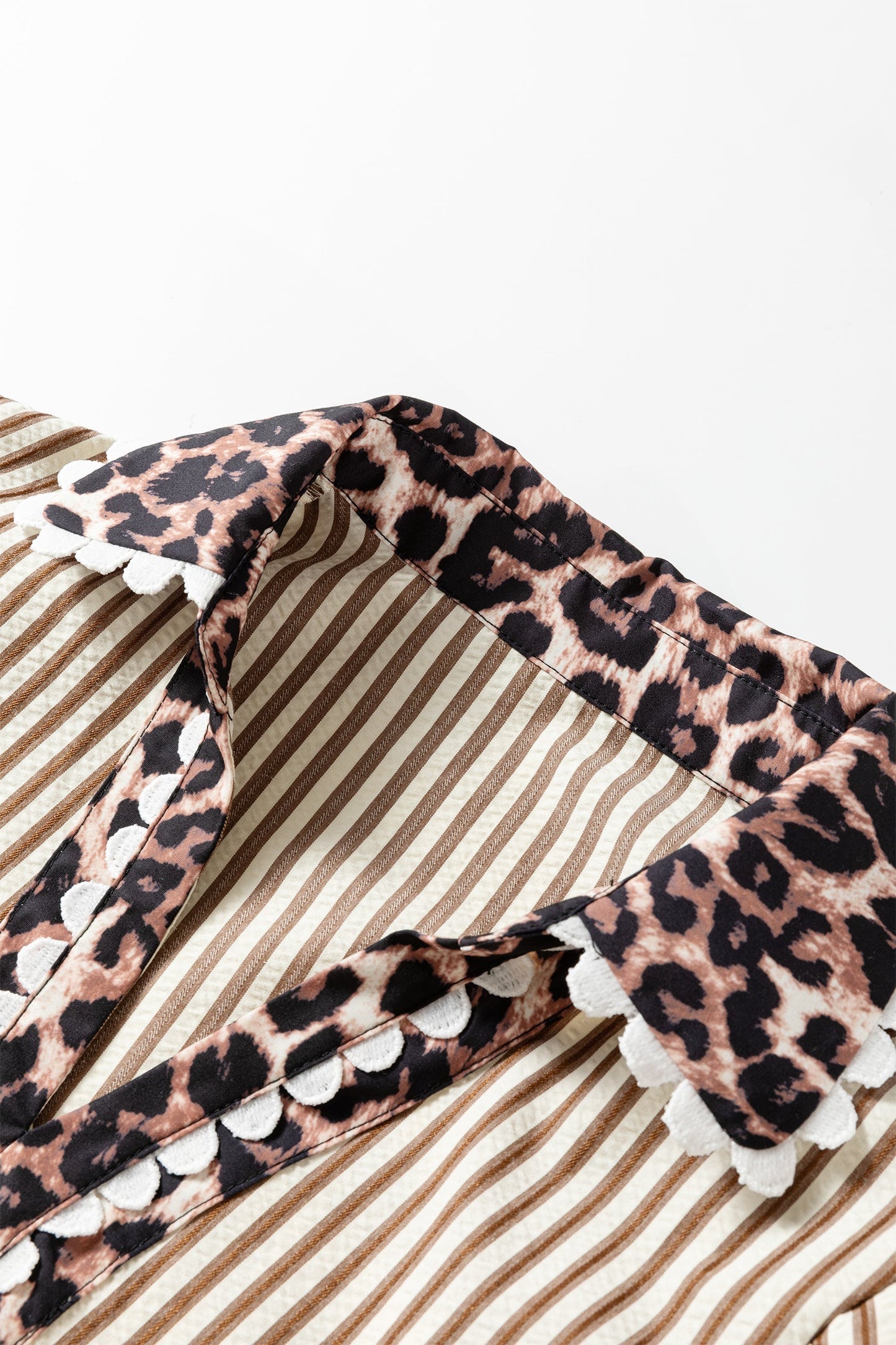 Leopard Patchwork Collared V-Neck Puff Sleeve Blouse