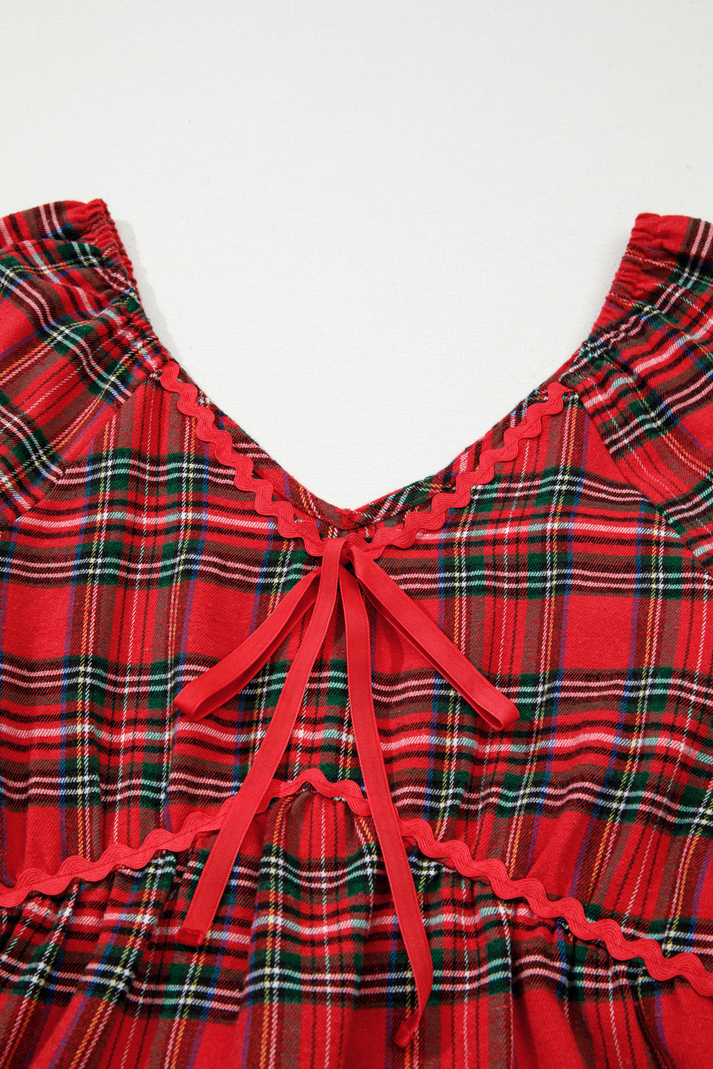 Plaid Ricrac Trim Long Sleeve Tiered Mini Dress