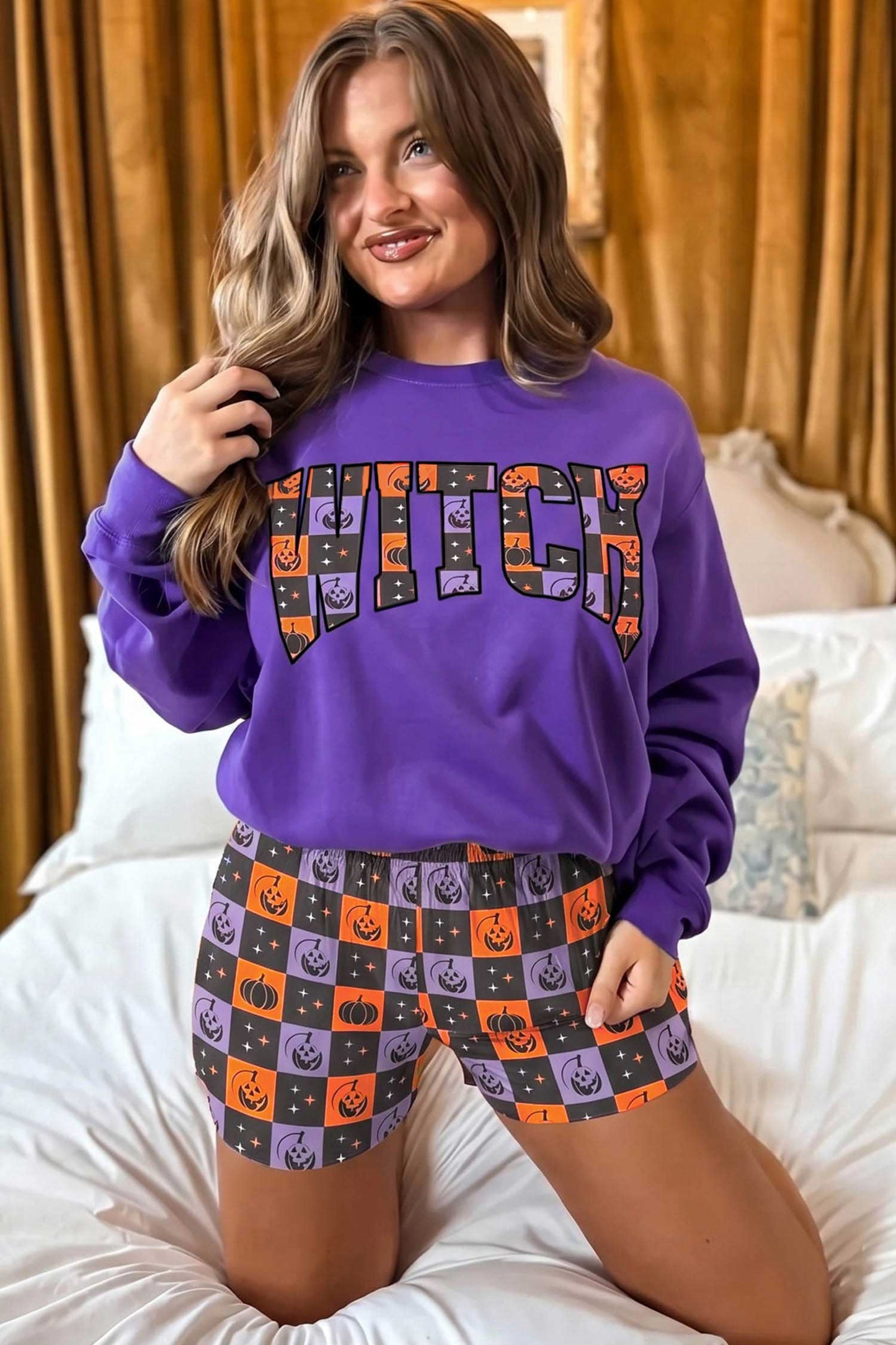 Halloween Witch Long Sleeve Top & Checker Shorts Set