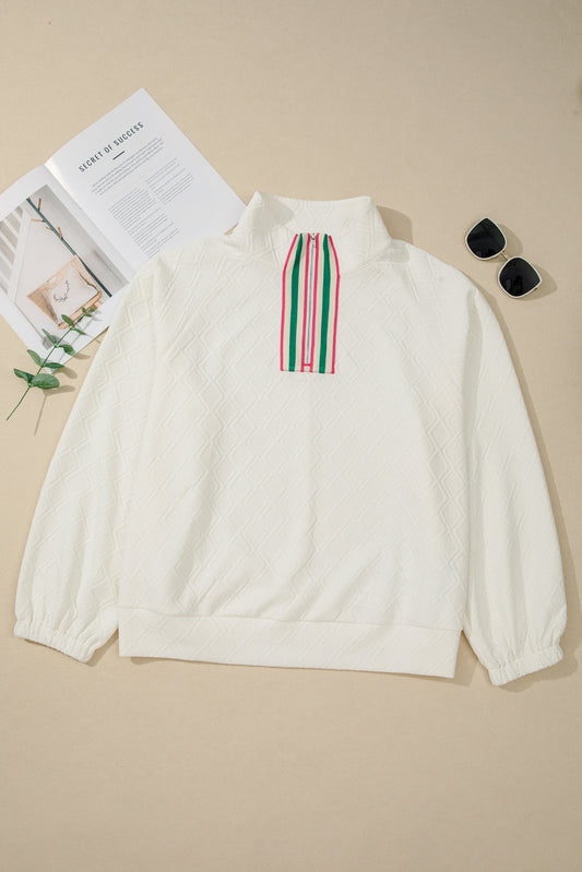 Plus Size Stripe Rhombus Textured Collared Sweatshirt