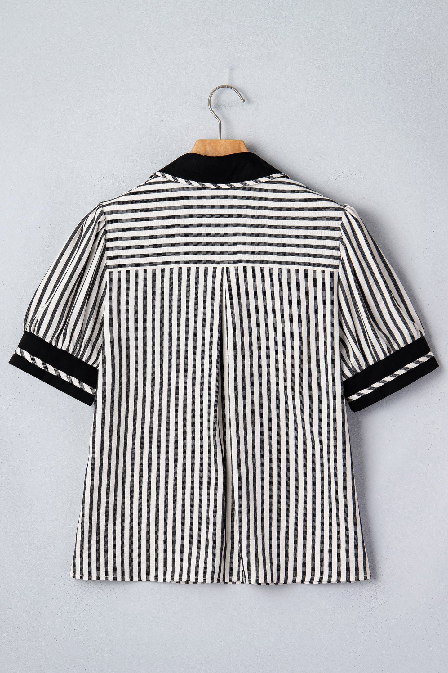 Stripe Collared V-Neck Bubble Sleeve Blouse