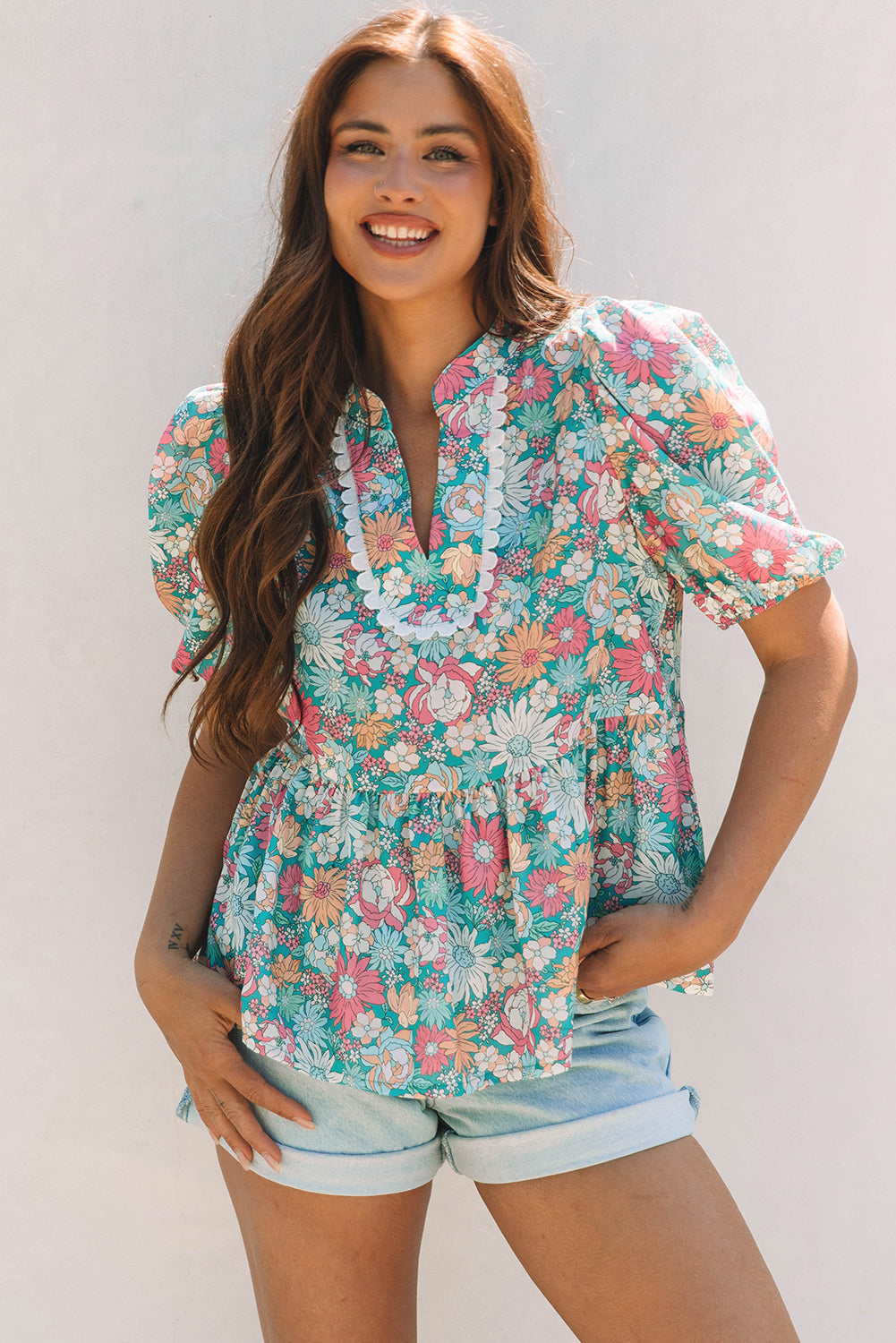Floral Notched Neck Puff Short Sleeve Blouse