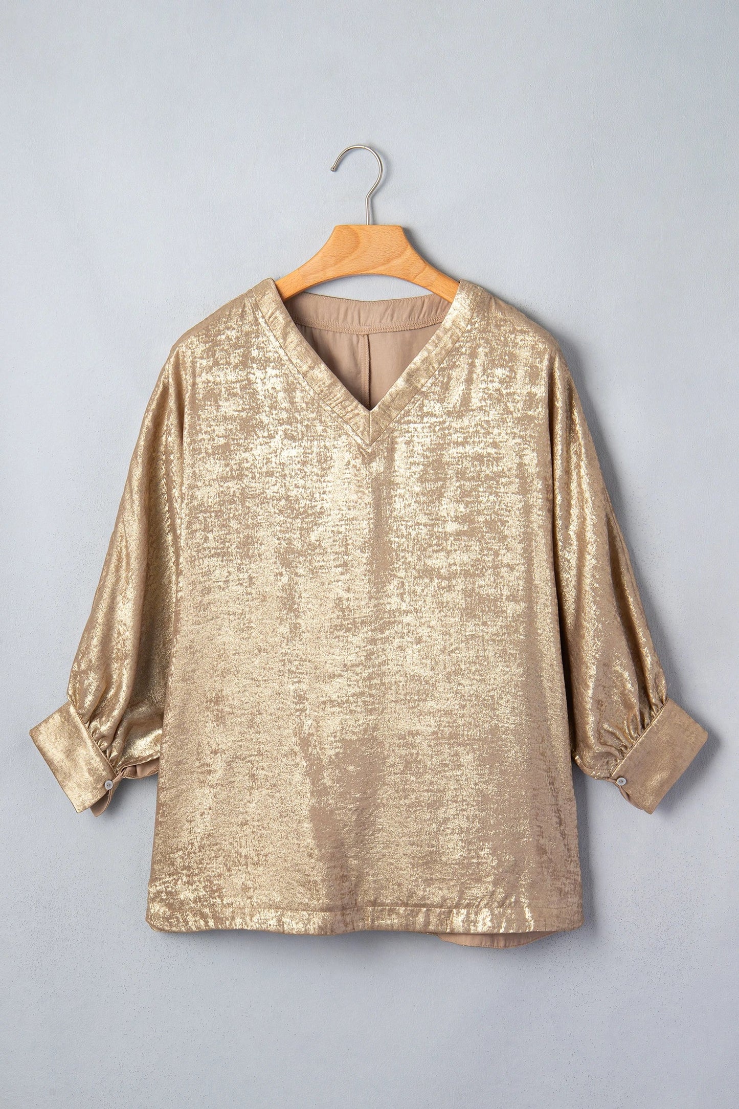 Metallic V-Neck Button Cuff Dolman Sleeve Blouse