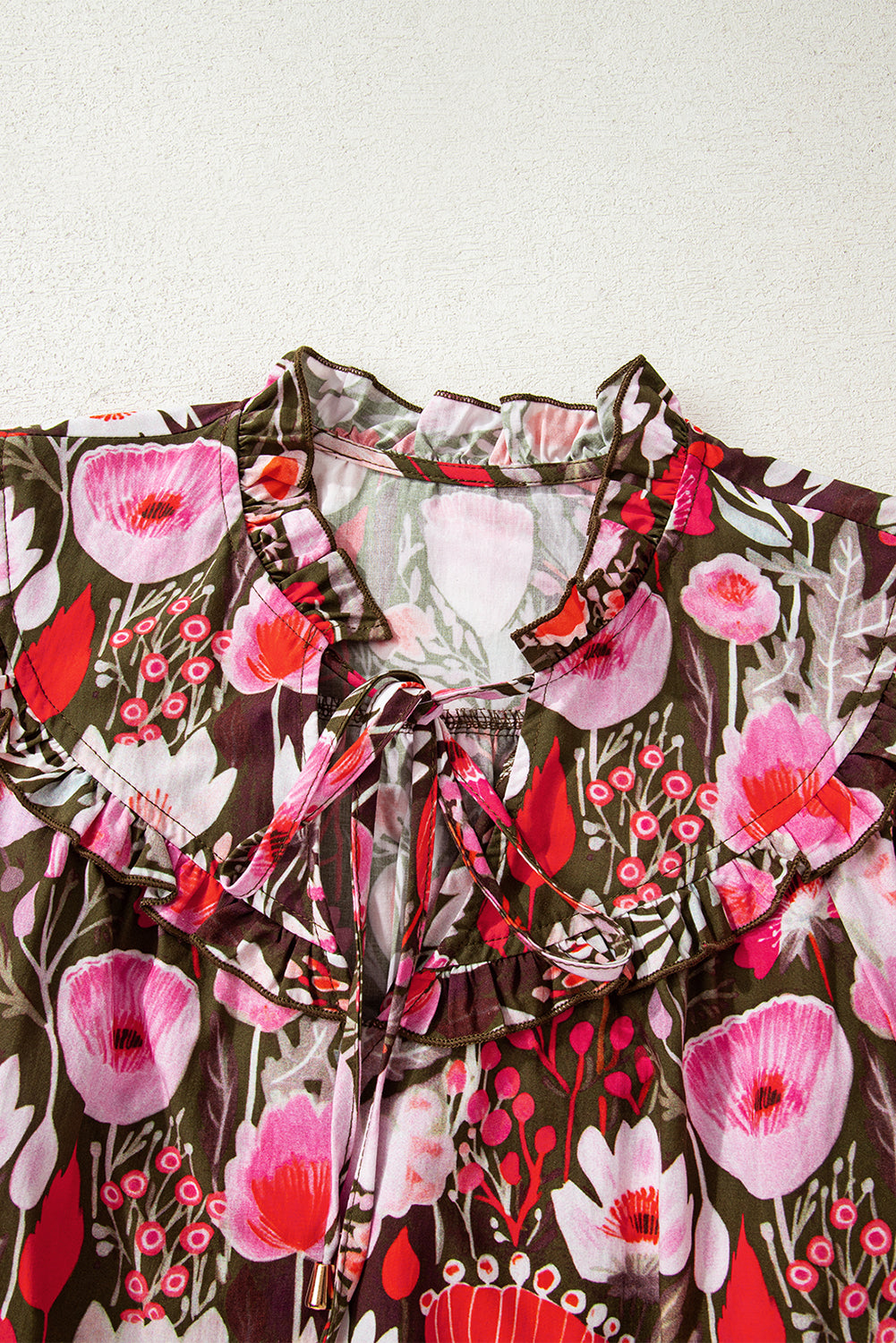 Floral 3/4 Sleeve Lace-Up Neck Blouse