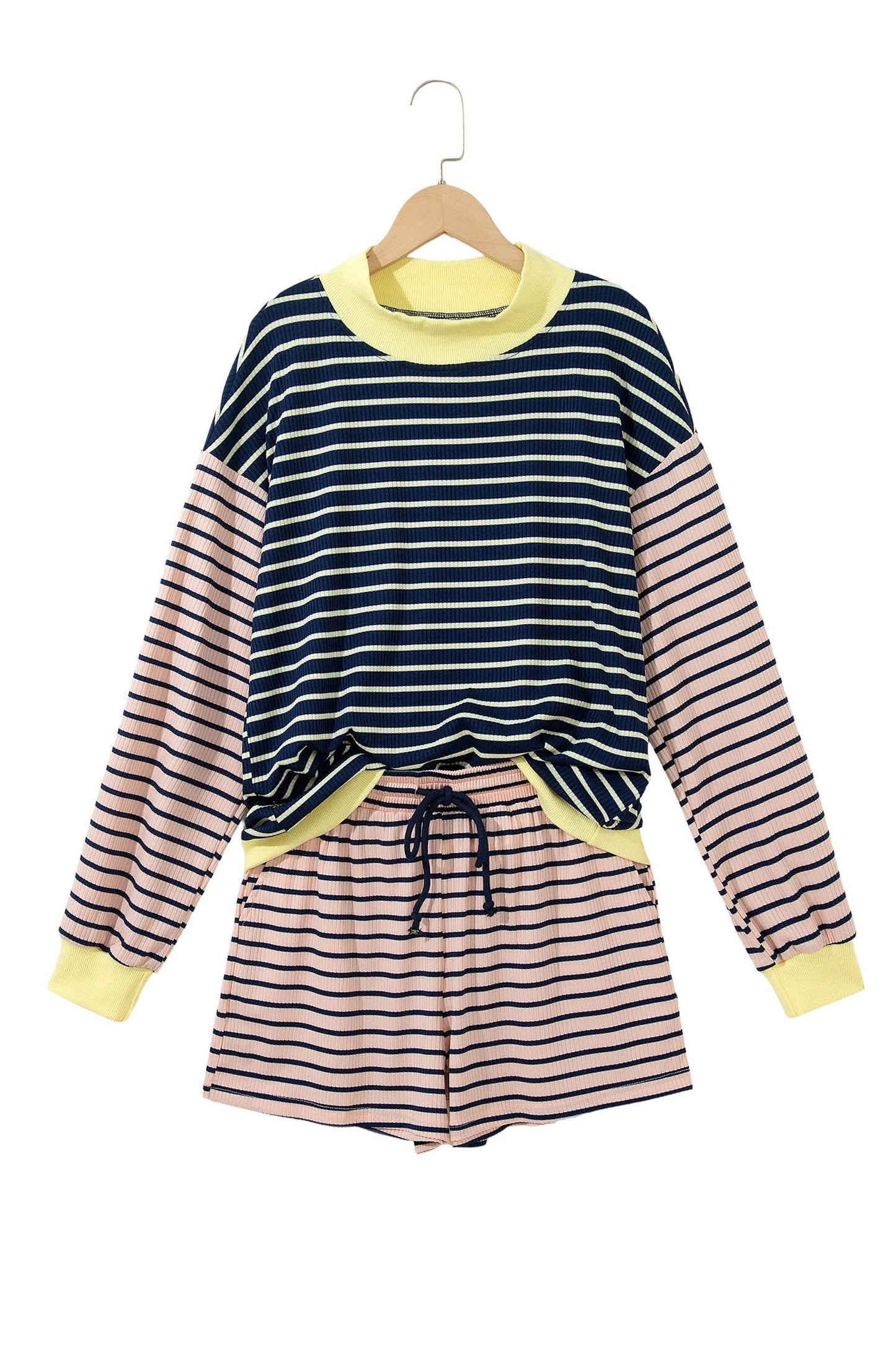 Stripe Long Sleeve Mock Neck Ribbed Knit Top & Shorts Set