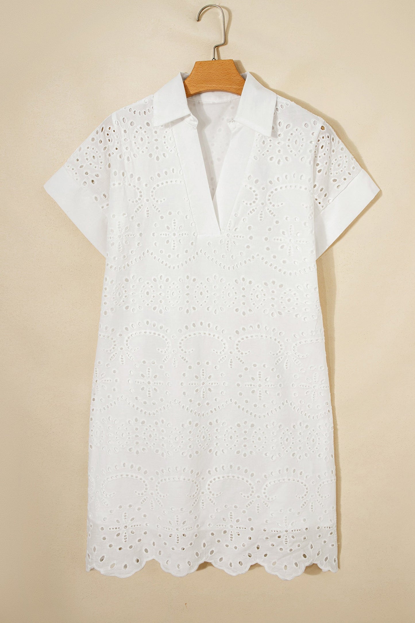 Solid Embroidered Eyelet Collared V-Neck Mini Dress