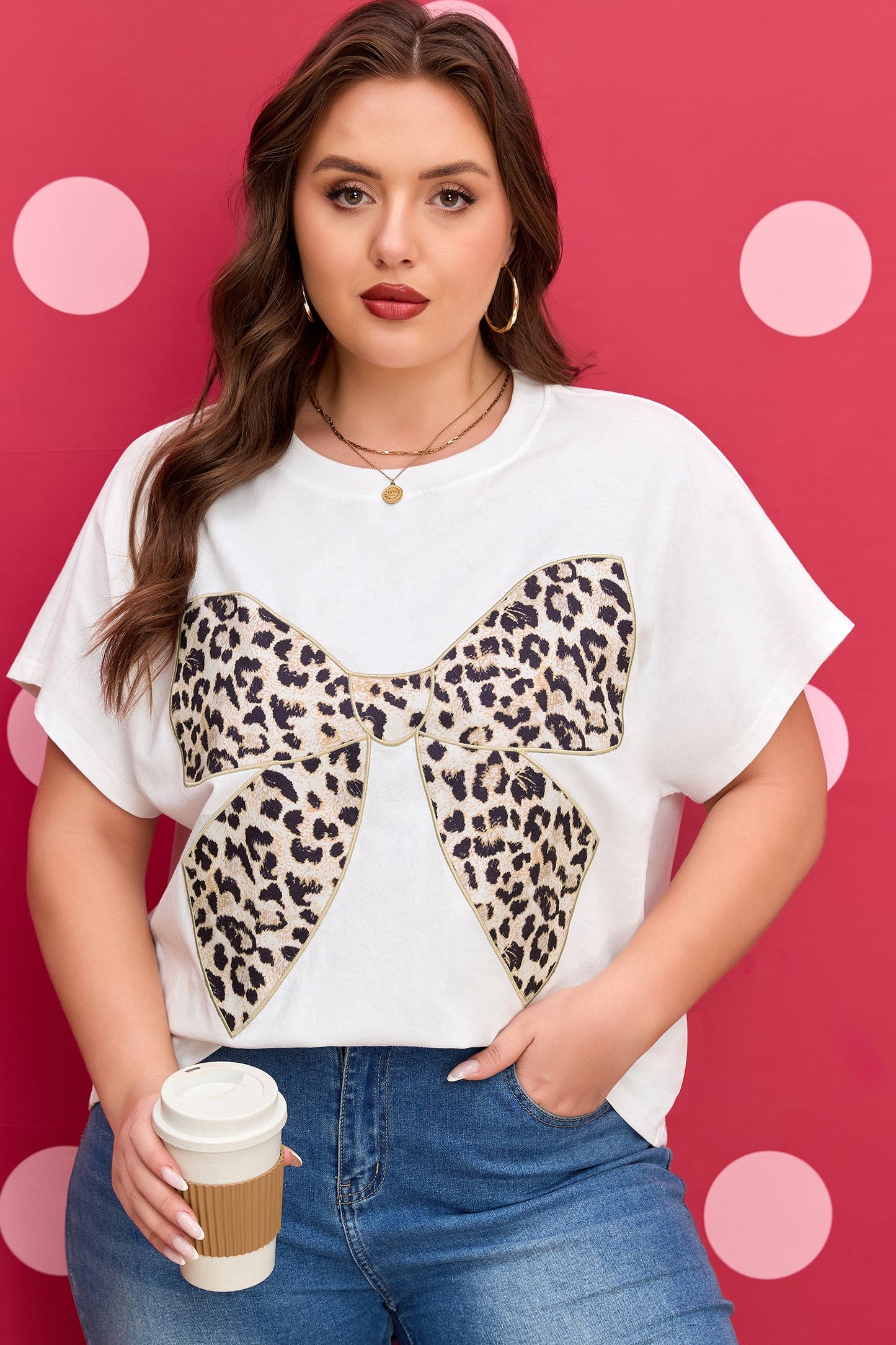 Plus Size Leopard Bow Embroidered Patch T-Shirt