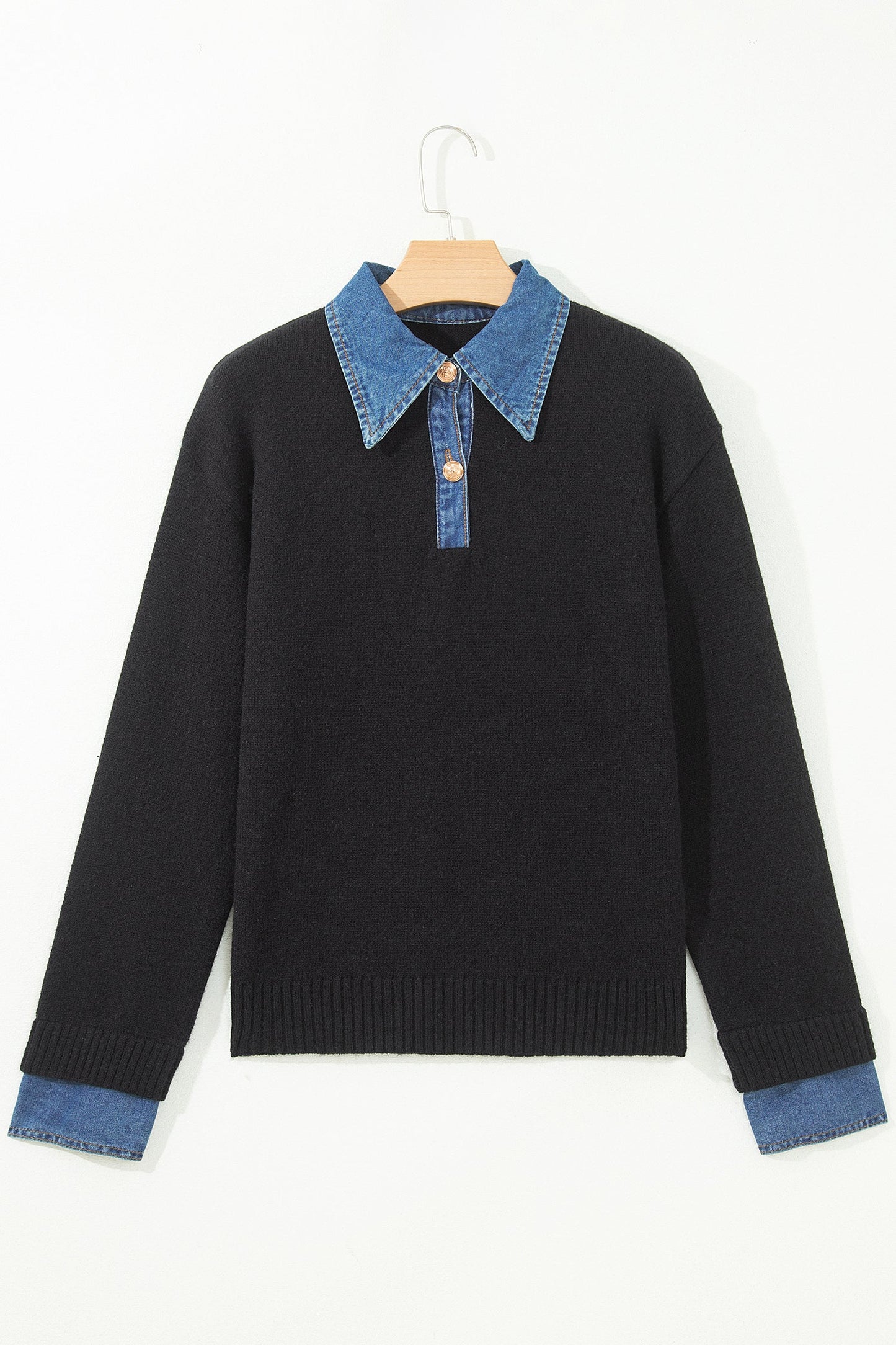 Denim Patchwork Collar Cuffed Long Sleeve Sweater