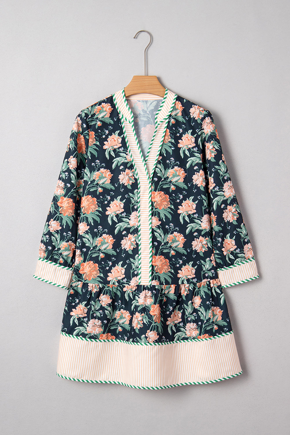 Floral Stripe Trim V-Neck Ruffle Hem Mini Dress