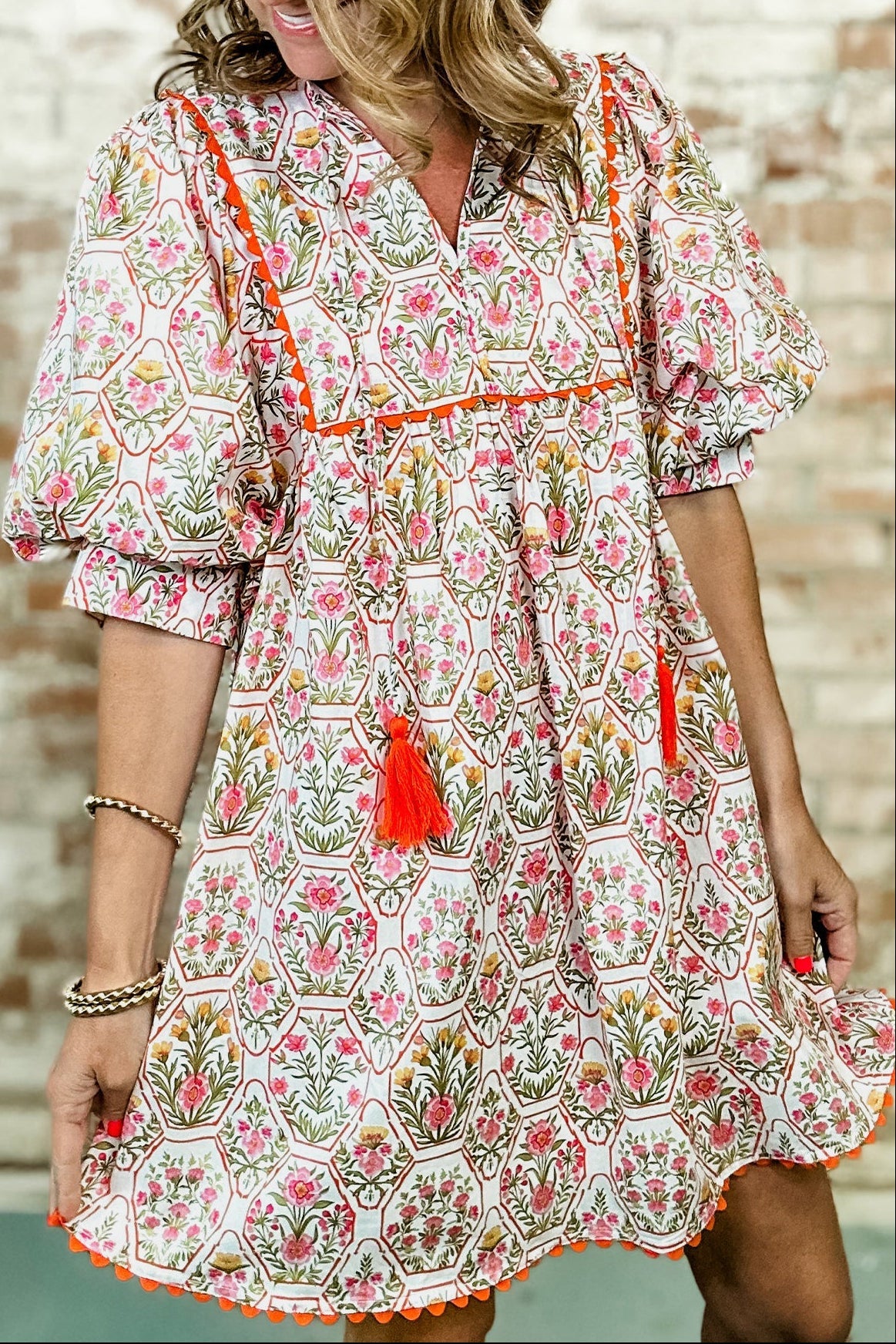 Floral Tassel Tie V-Neck Scallop Loose Mini Dress