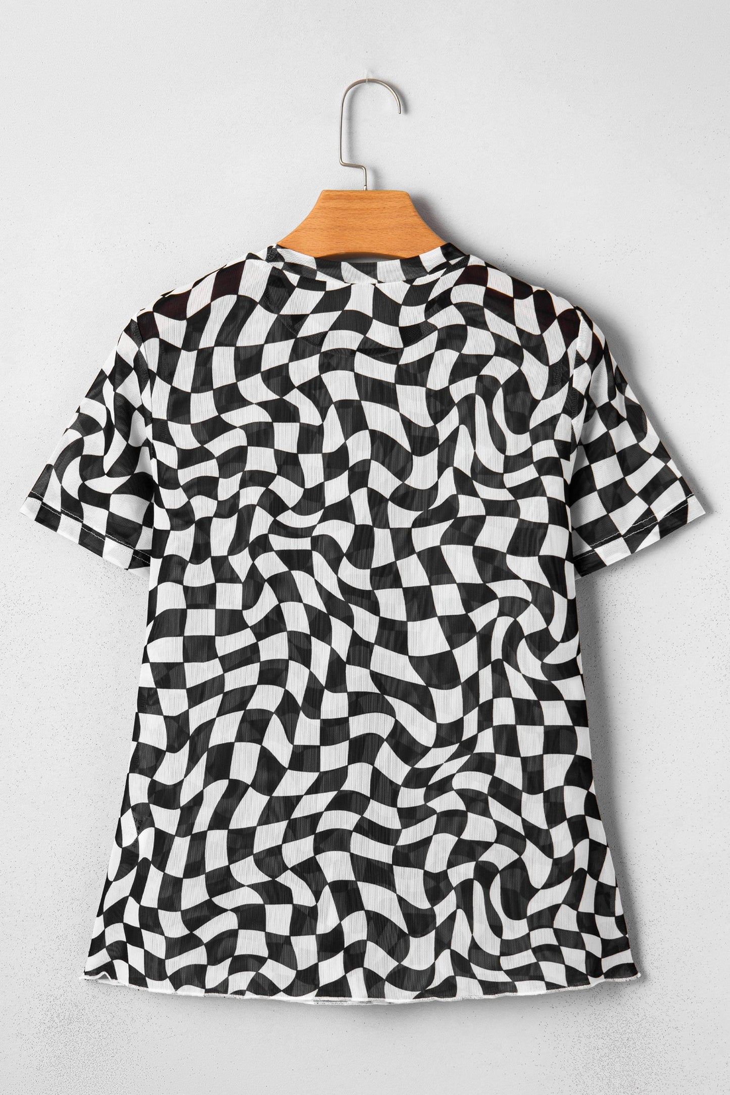 Checker Mesh Mock Neck Short Sleeve T-Shirt