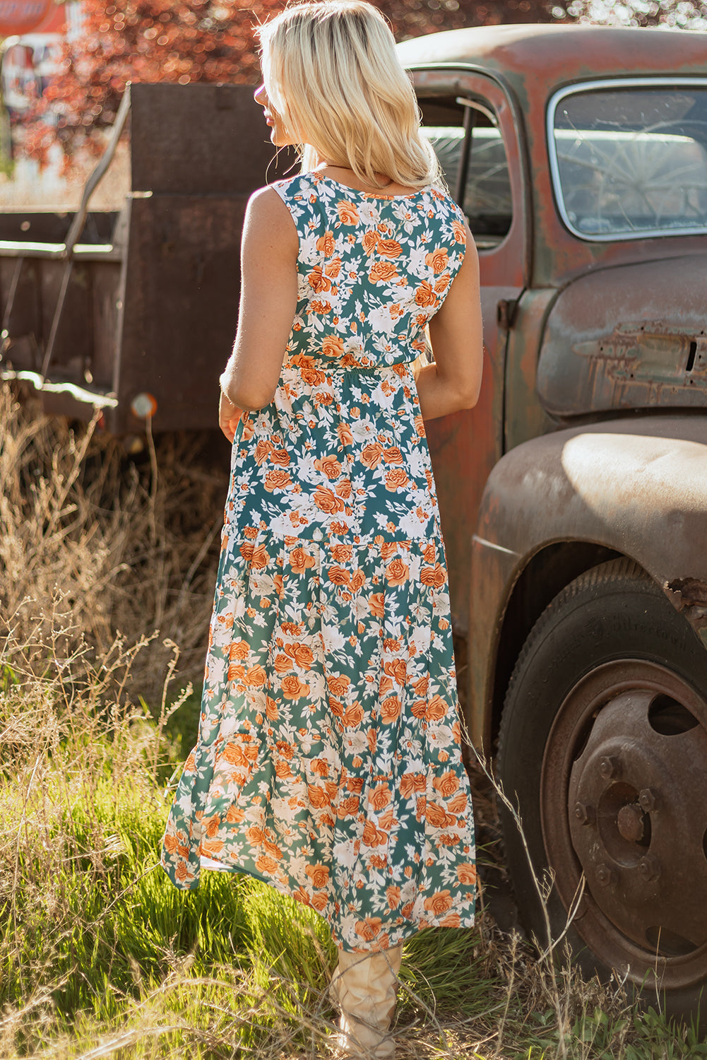 Floral Buttoned V-Neck Tie Waist Maxi Dress