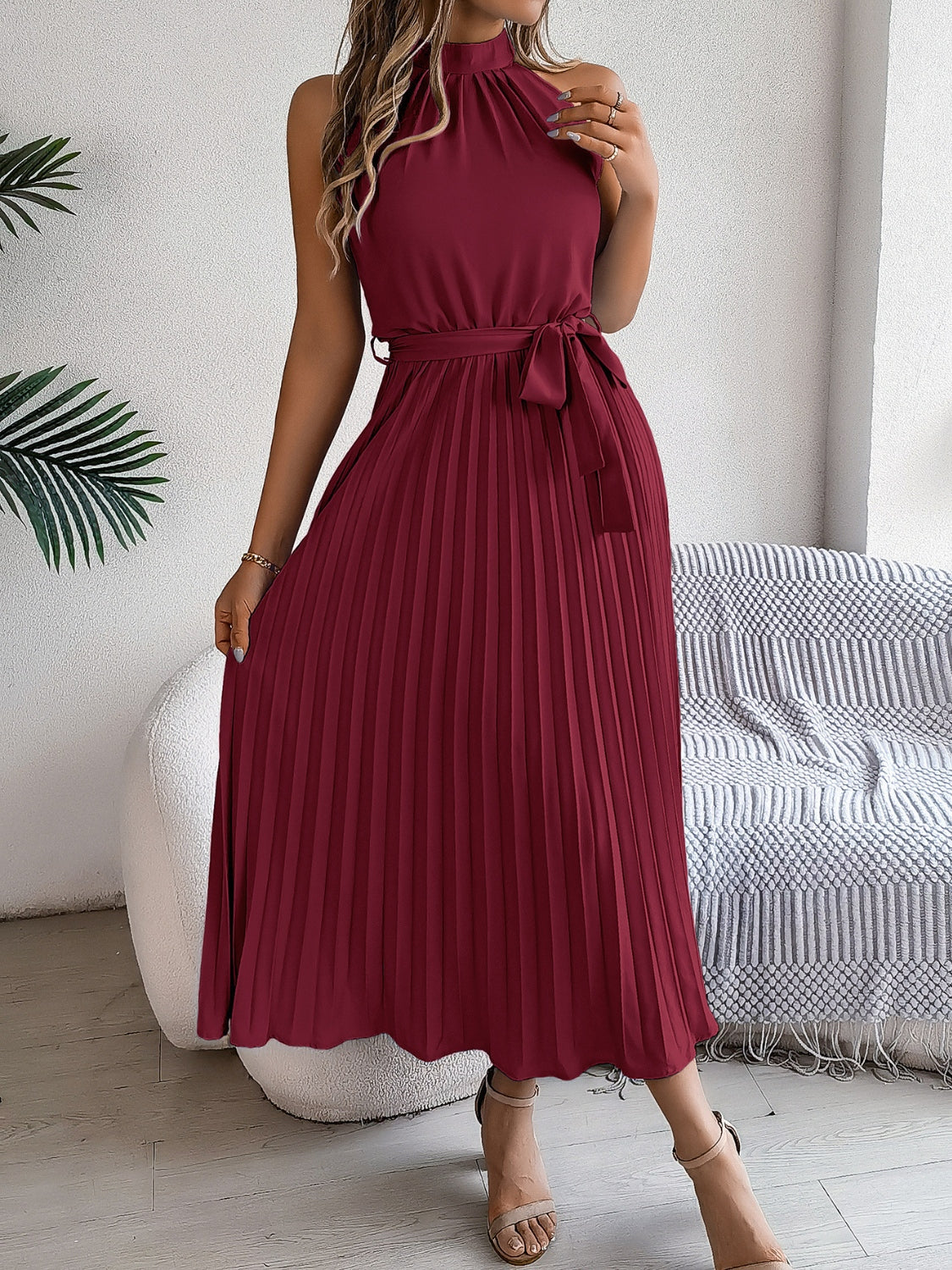 Pleated Tie Waist Sleeveless Midi Dress