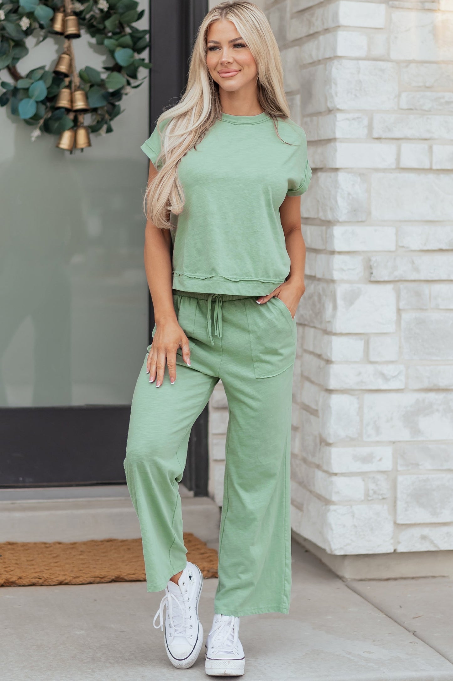 Solid Short Sleeve Tee and Drawstring Pants Set