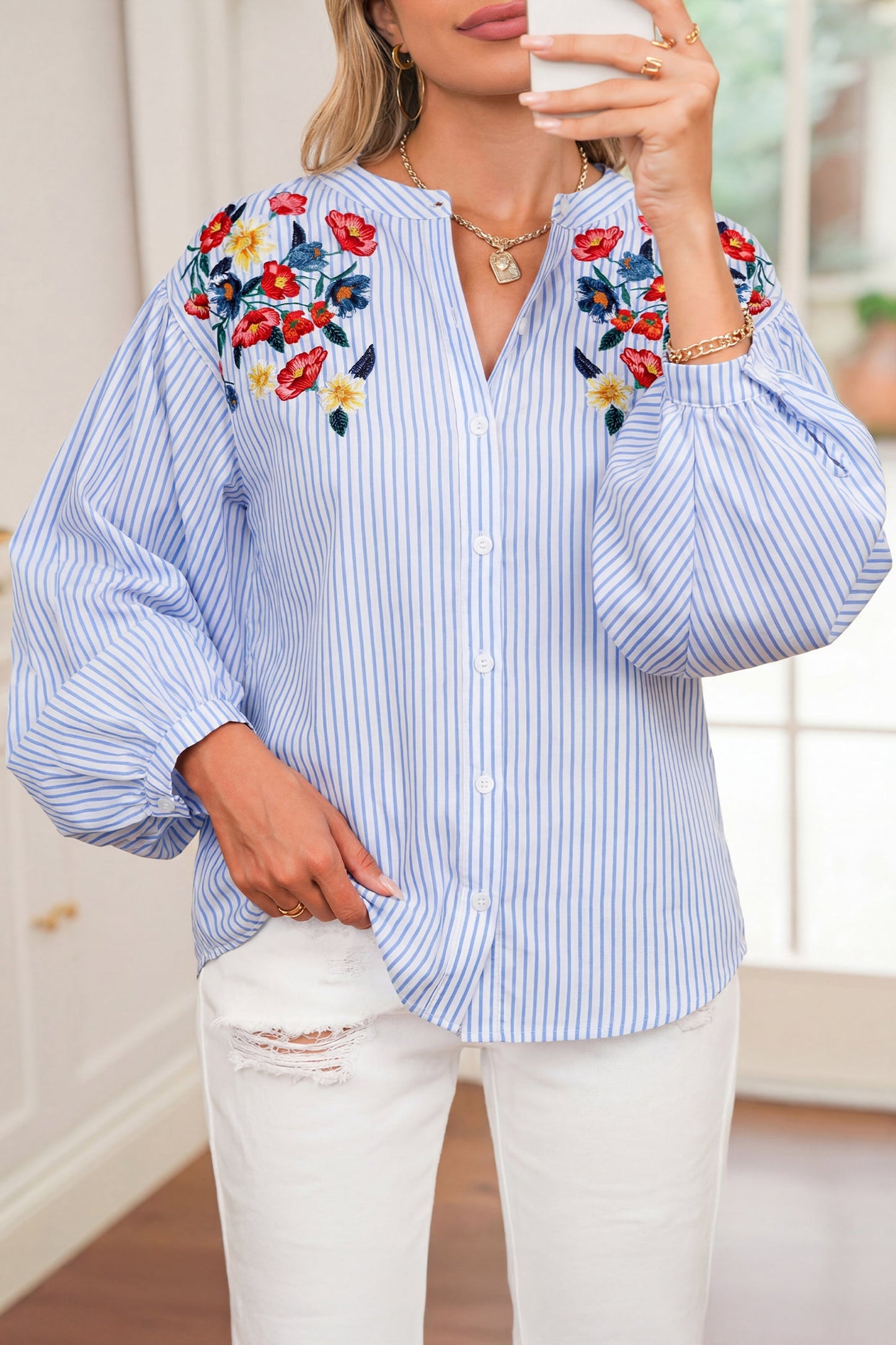 Floral Embroidered Stripe Billowy Sleeve Tunic Shirt