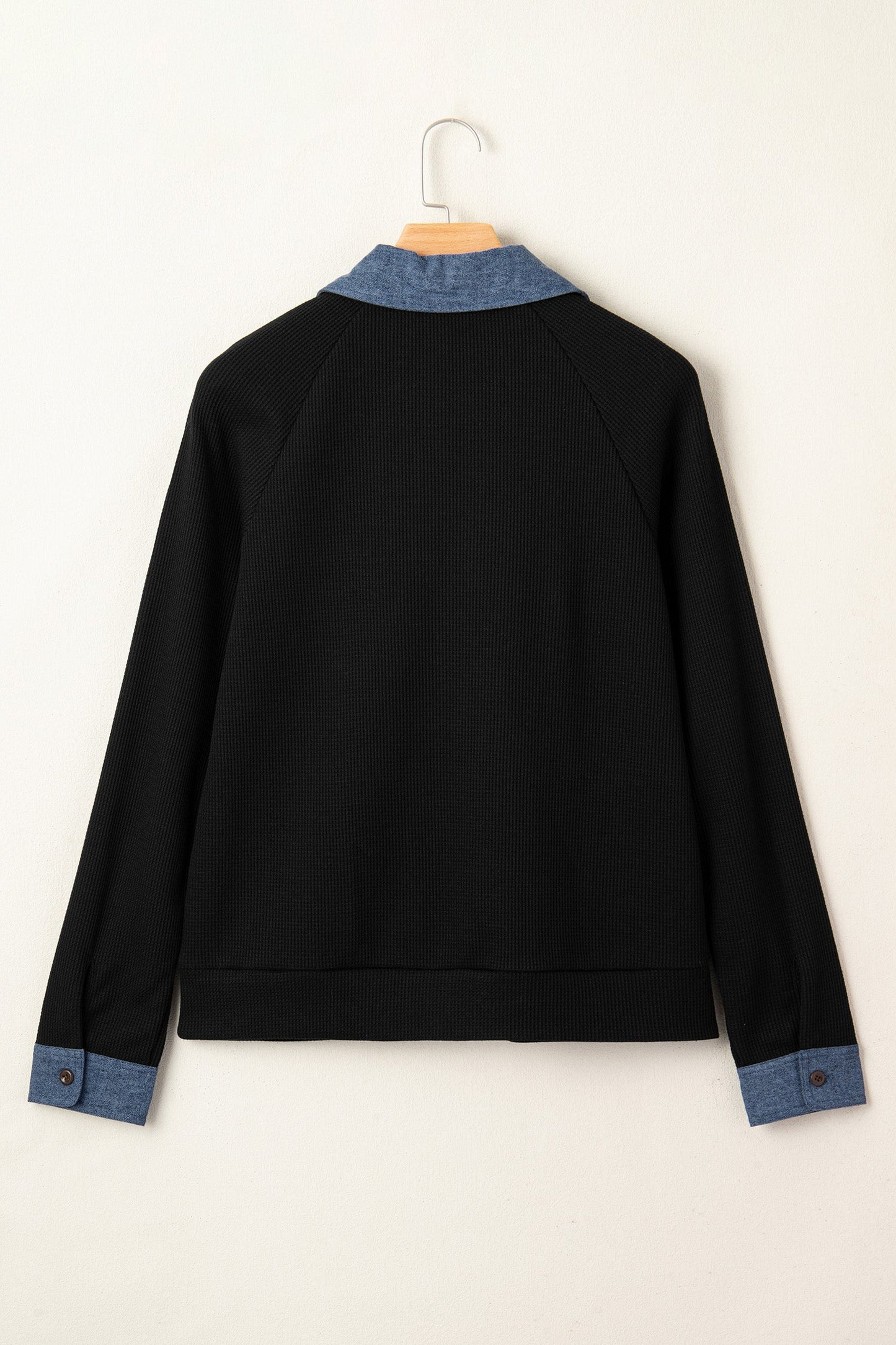 Textured Knit Denim Patchwork Polo Collar Top