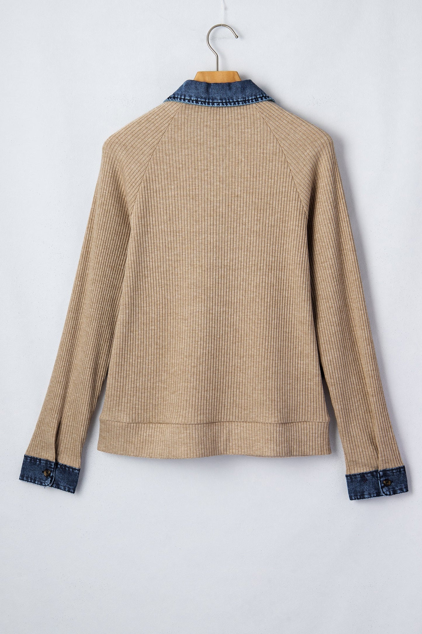 Ribbed Knit Denim Patchwork Button Polo Top
