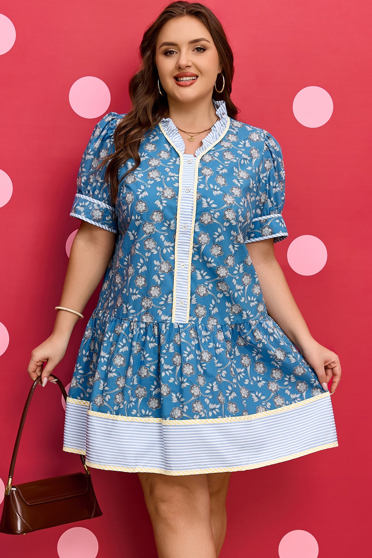 Plus Size Floral Stripe Patchwork Ruffle Dress