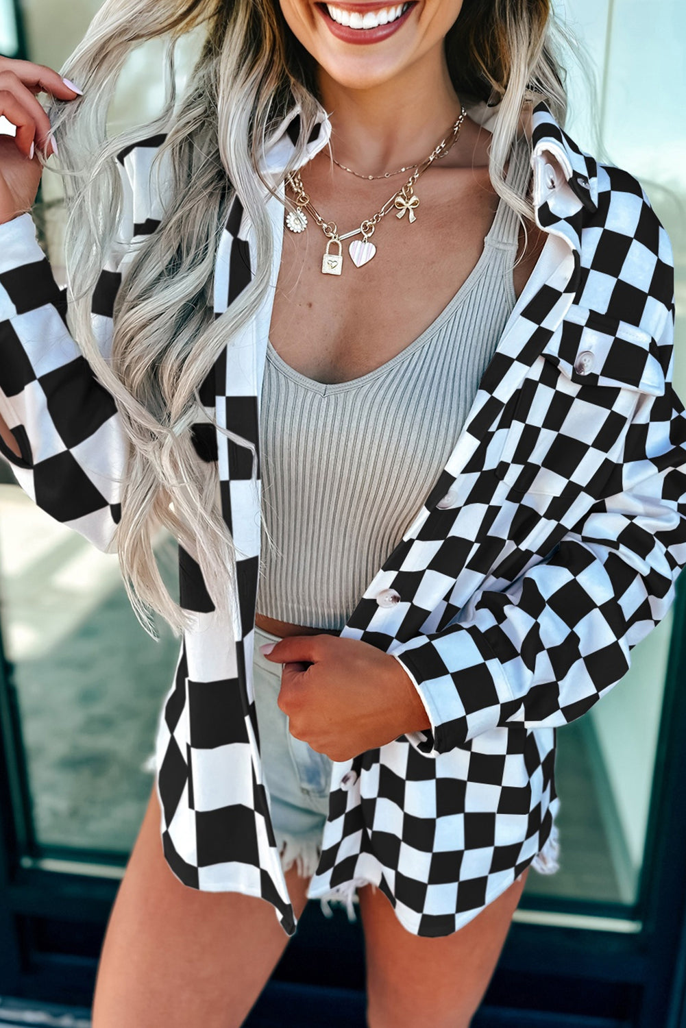 Checker Flap Pocket Button Front Shacket