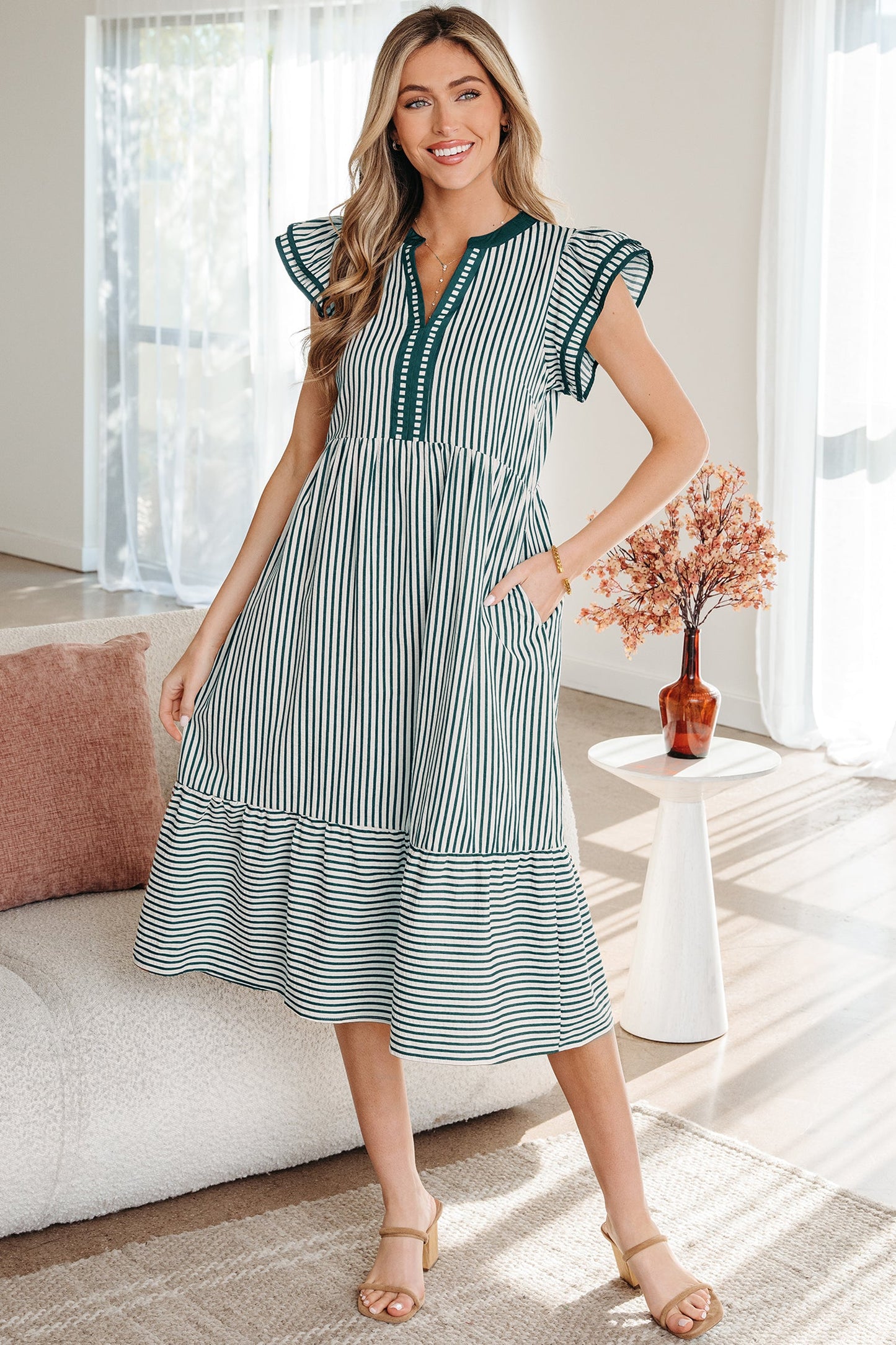 Stripe Ruffle Short Sleeve V-Neck Midi Dress