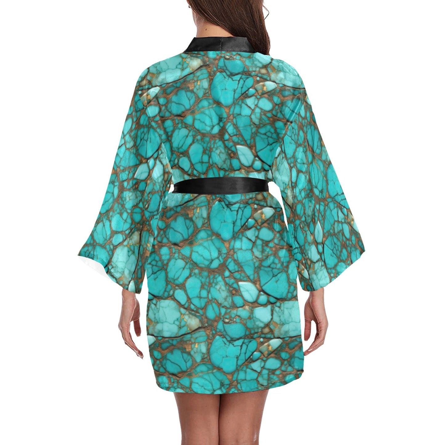 All Turquoise Satin Kimono Sleeve Robe