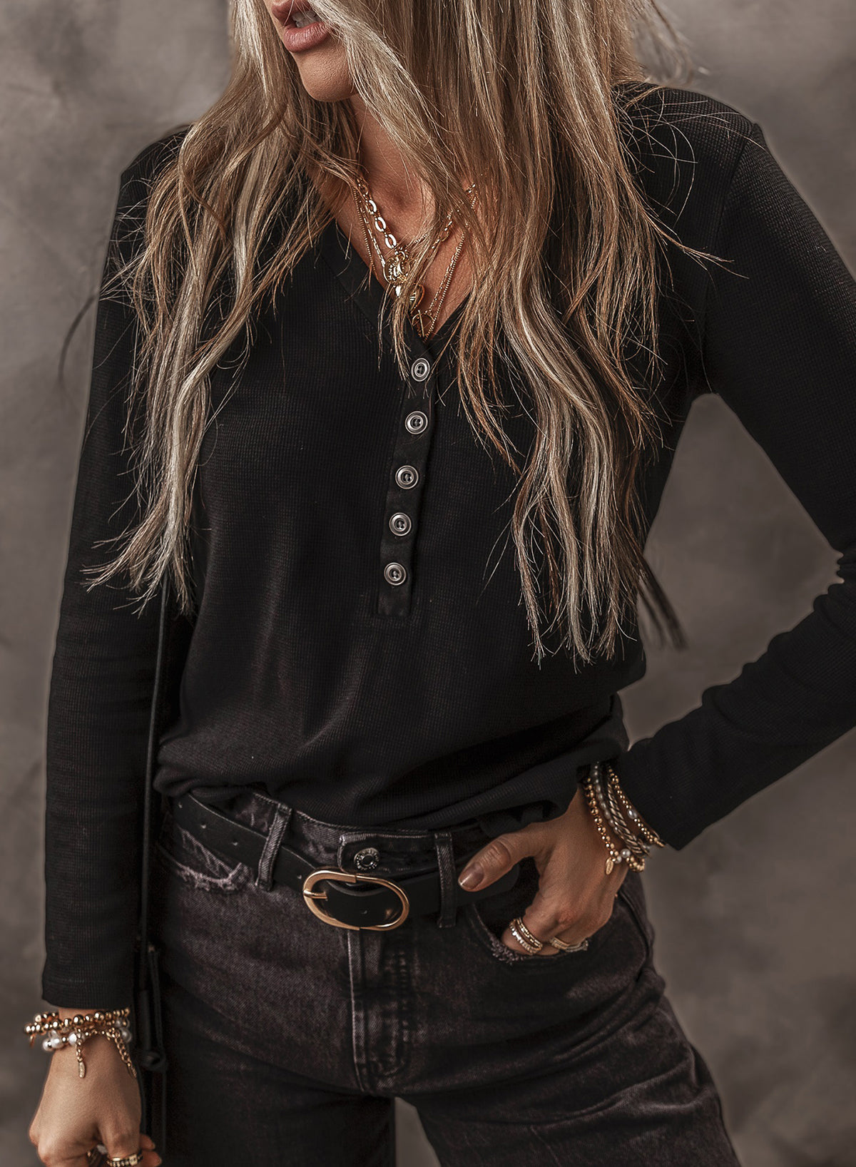 Solid Ribbed V-Neck Buttoned Long Sleeve Top