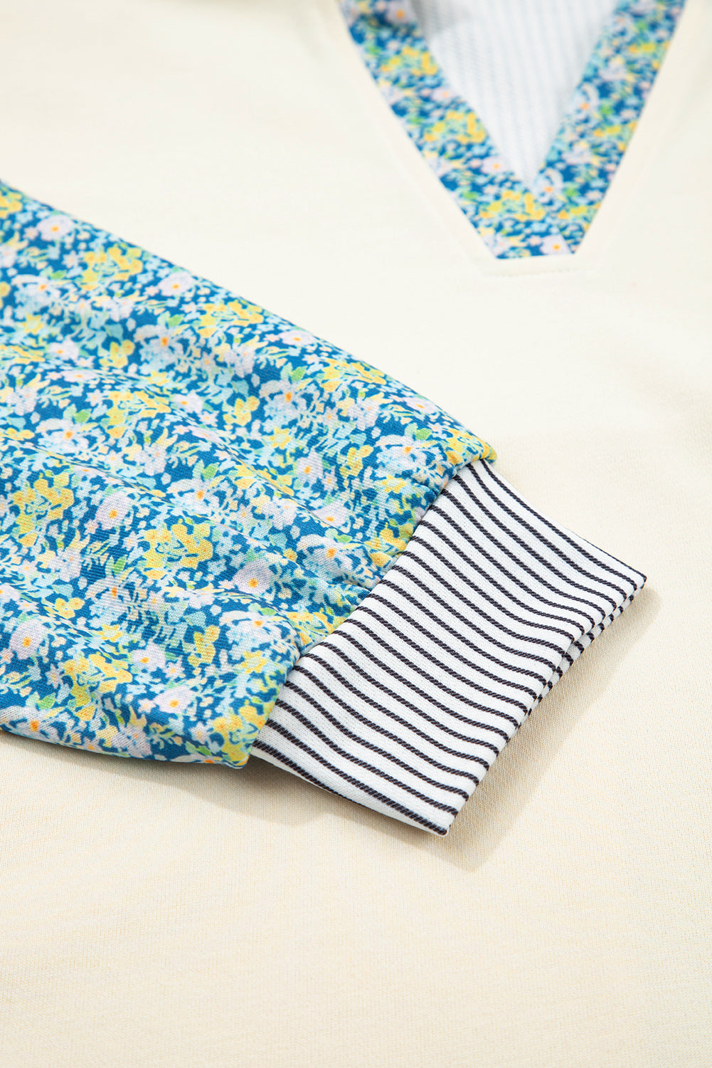 Floral Stripe Collared V-Neck Drop Sleeve Sweatshirt