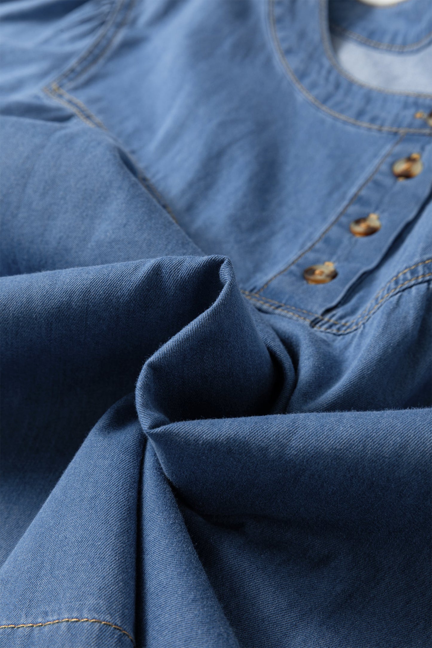 Denim Pleated Half Buttoned Short Sleeve Top
