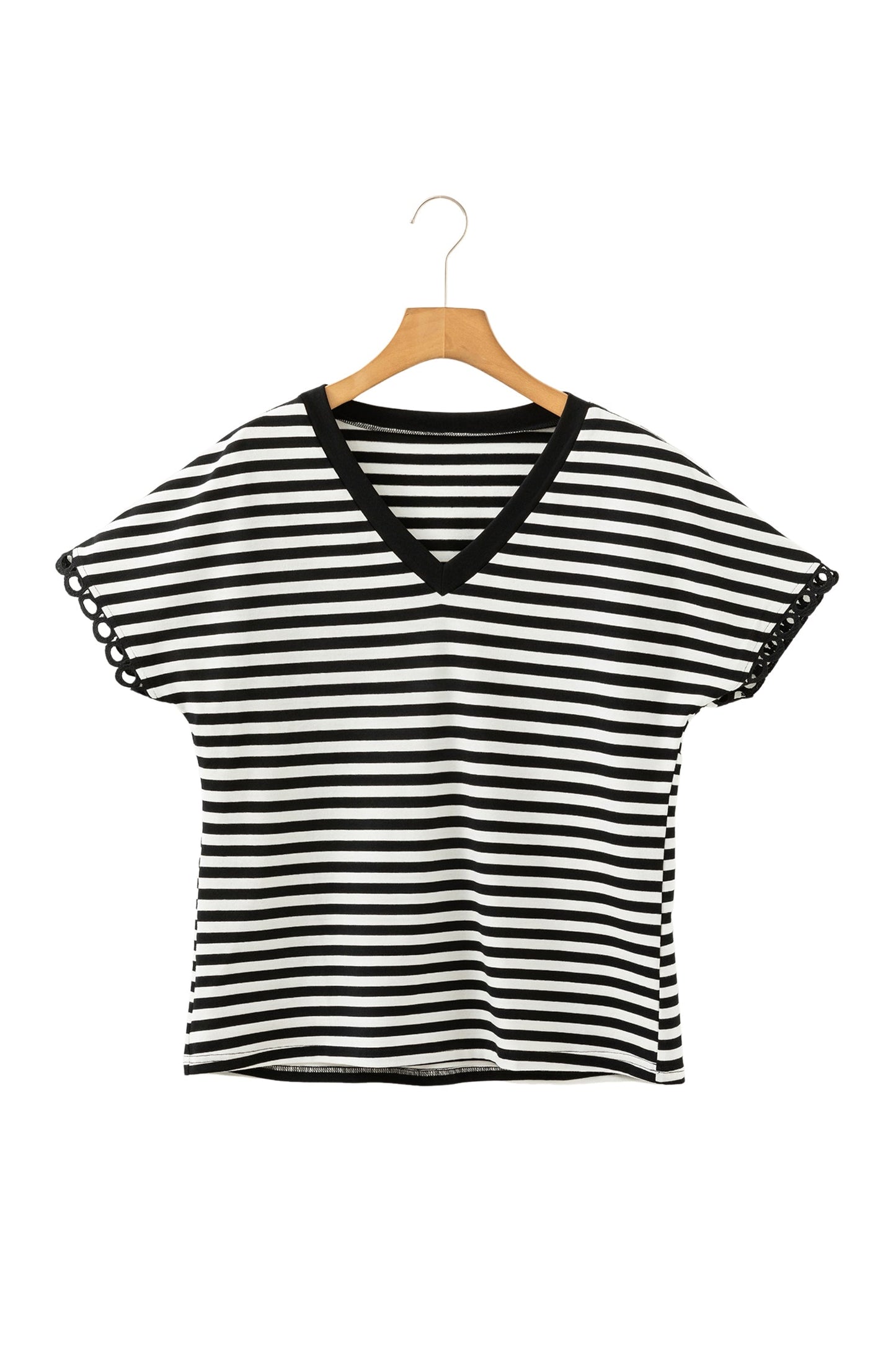 Stripe V-Neck Lace Trim Short Sleeve Tee